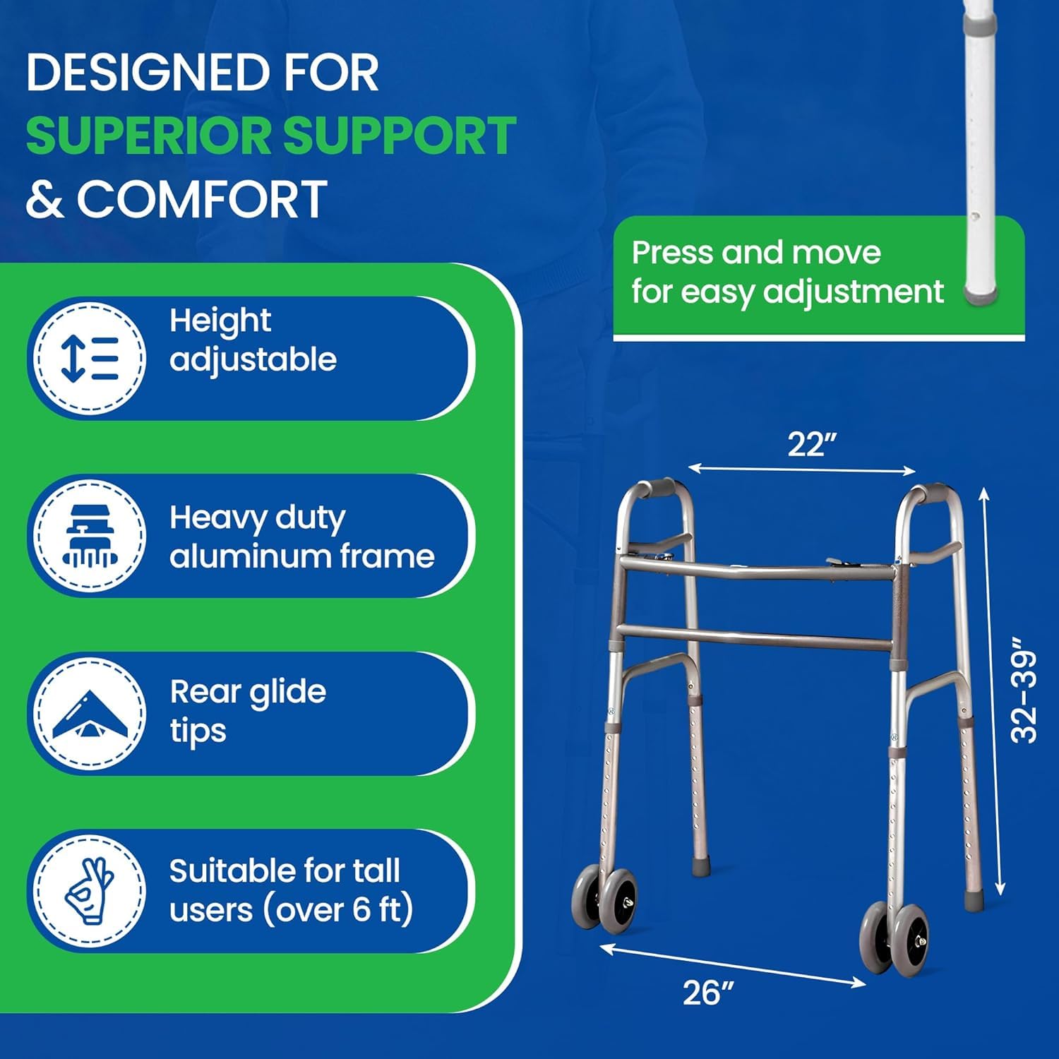 Bariatric Heavy-Duty Folding Walker with Wheels for Seniors, Adults, Extra Wide Front Wheel Walker (2 5-Inch Wheels), and Free 2 Pairs of Rear Glides Heavy Duty Sizes. Sized for Adults up to 450 lbs