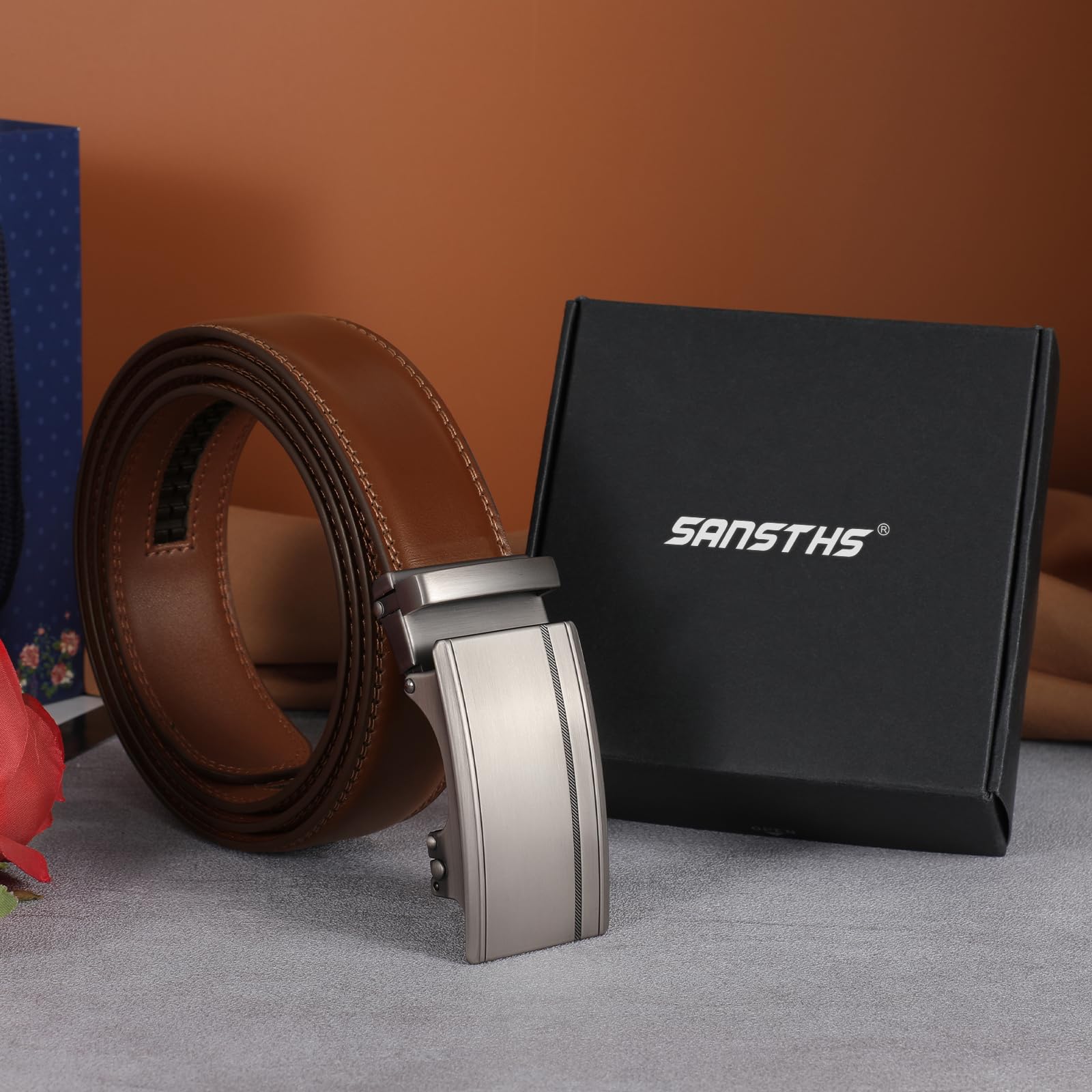 SANSTHS Men's Belts Leather Ratchet, Brown Dress Belts for Men with Adjustable Slide Buckle Christmas Gift Belt for Him