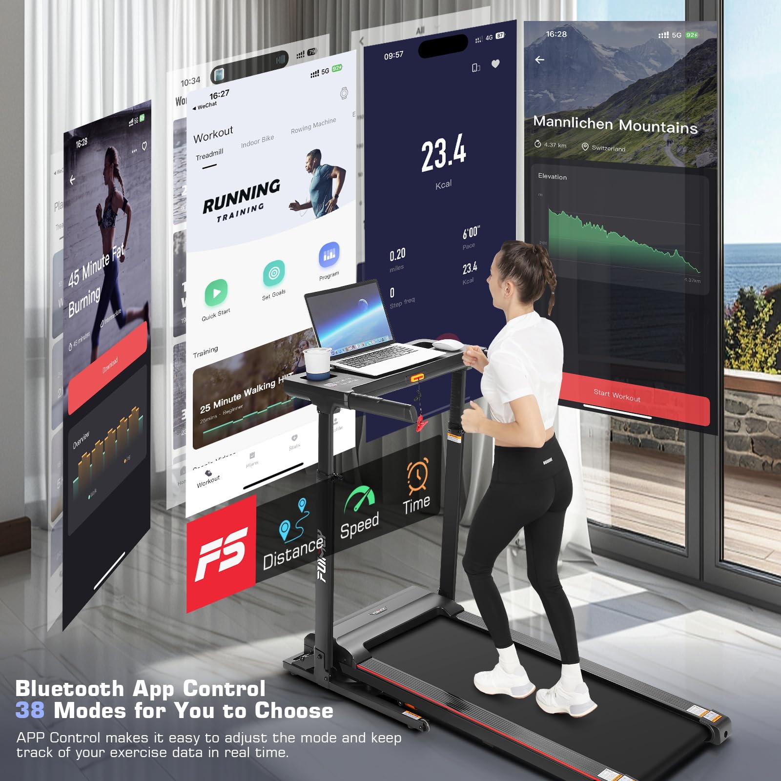 Treadmill with Desk Workstation & Adjustable Height, 350 LBS Weight Capacity, Folding Treadmill with 3 Level Incline, Bluetooth Speaker & App, Portable 3.5HP Walking Pad with Desktop for Home Office