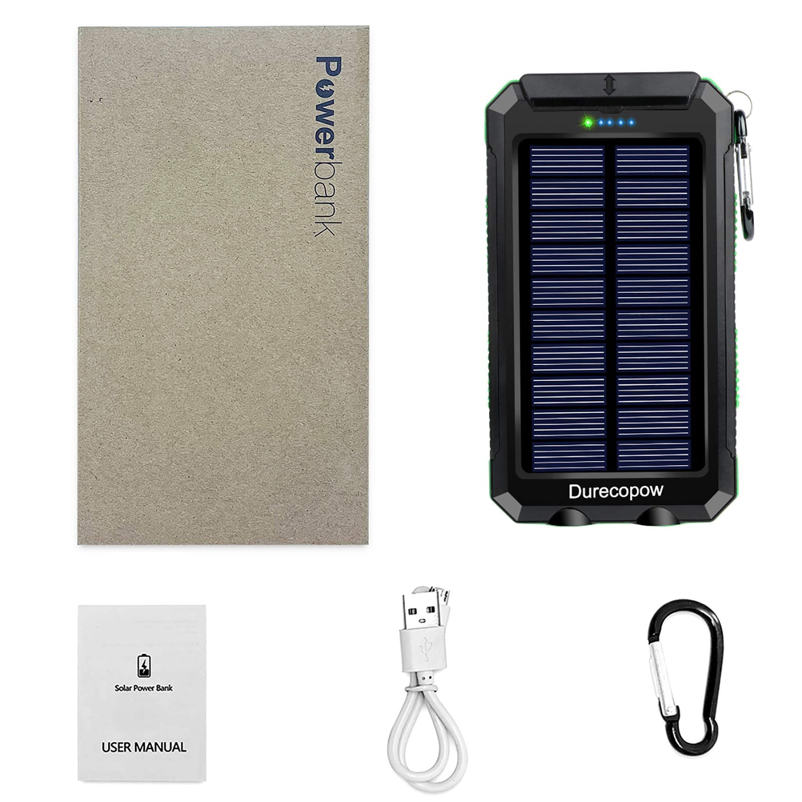 Solar Charger, 20000mAh Portable Outdoor Waterproof Solar Power Bank, Camping External Backup Battery Pack Dual 5V USB Ports Output, 2 Led Light Flashlight with Compass (Green)