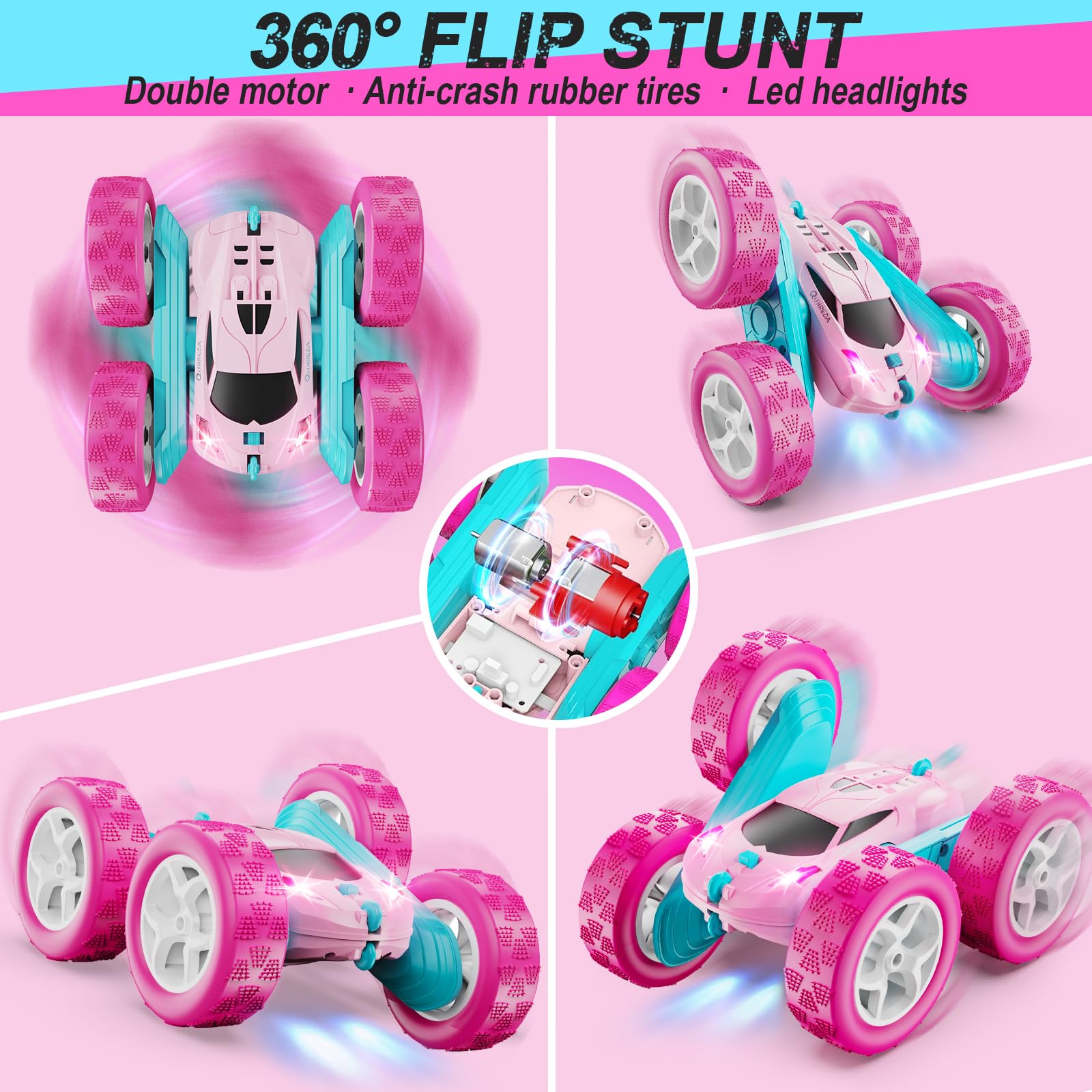 QUNREDA RC Cars, Pink Remote Control Car for Girls, 2.4 GHZ Double Sided RC Stunt Car 360° Rotating Remote Control Crawler with Headlights Car Toys for 6 7 8 9 10 11 12 Girls Birthday