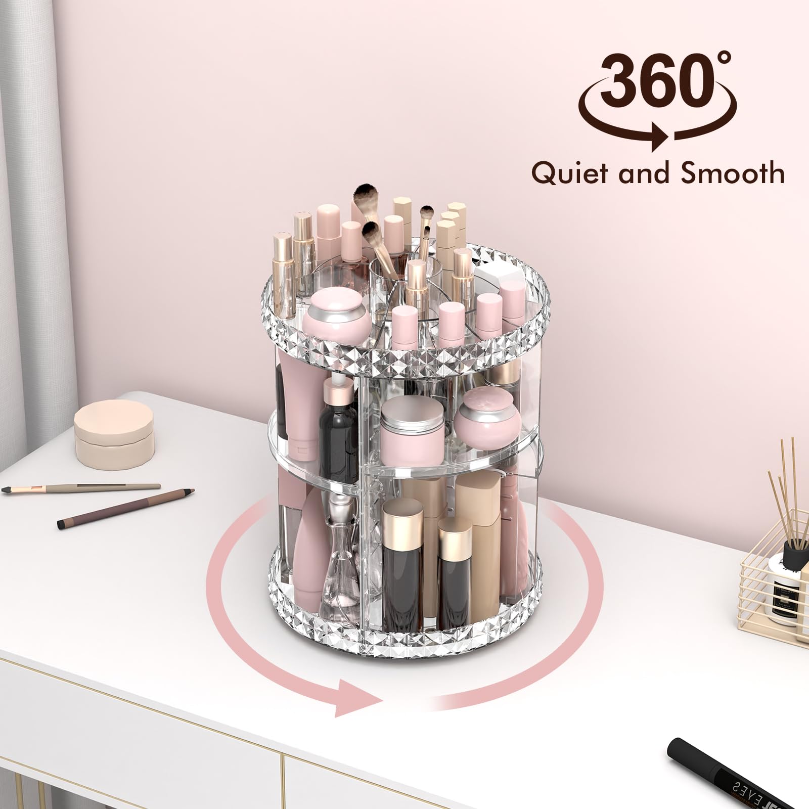 Rosoenvi Rotating Makeup Organizer, 360° Spinning Skincare Organizers, Adjustable Layer Cosmetic Storage Lazy Susan Makeup Organizers for Dresser Bathroom, Medium, Clear