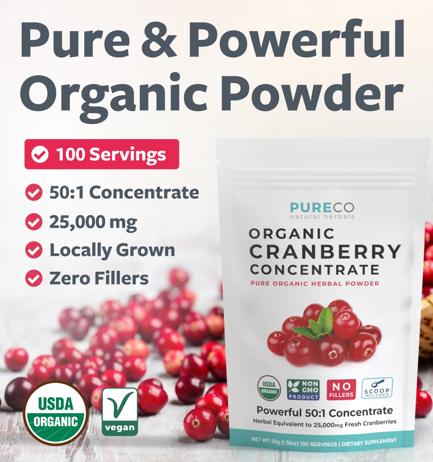 USDA Organic Cranberry Concentrate (50:1) Powder - 500mg is Equivalent to 25,000mg of Fresh Cranberries - for Kidney Cleanse & UTI Support Vitamins - Women - Supplement - 100 Servings - No Pills