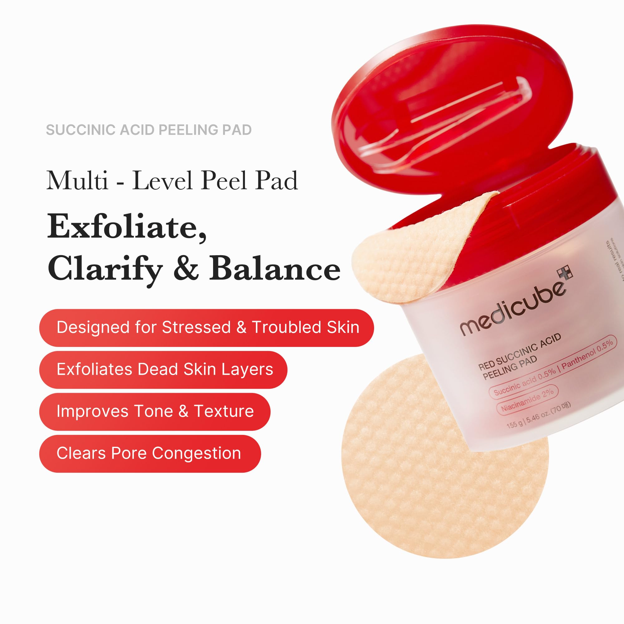 Medicube Red Succinic Acid Panthenol Facial Peeling Pads - Exfoliating Toner Pads for Breakout-Prone Skin with Niacinamide, AHA, BHA, and Soothing Panthenol - Non-Comedogenic