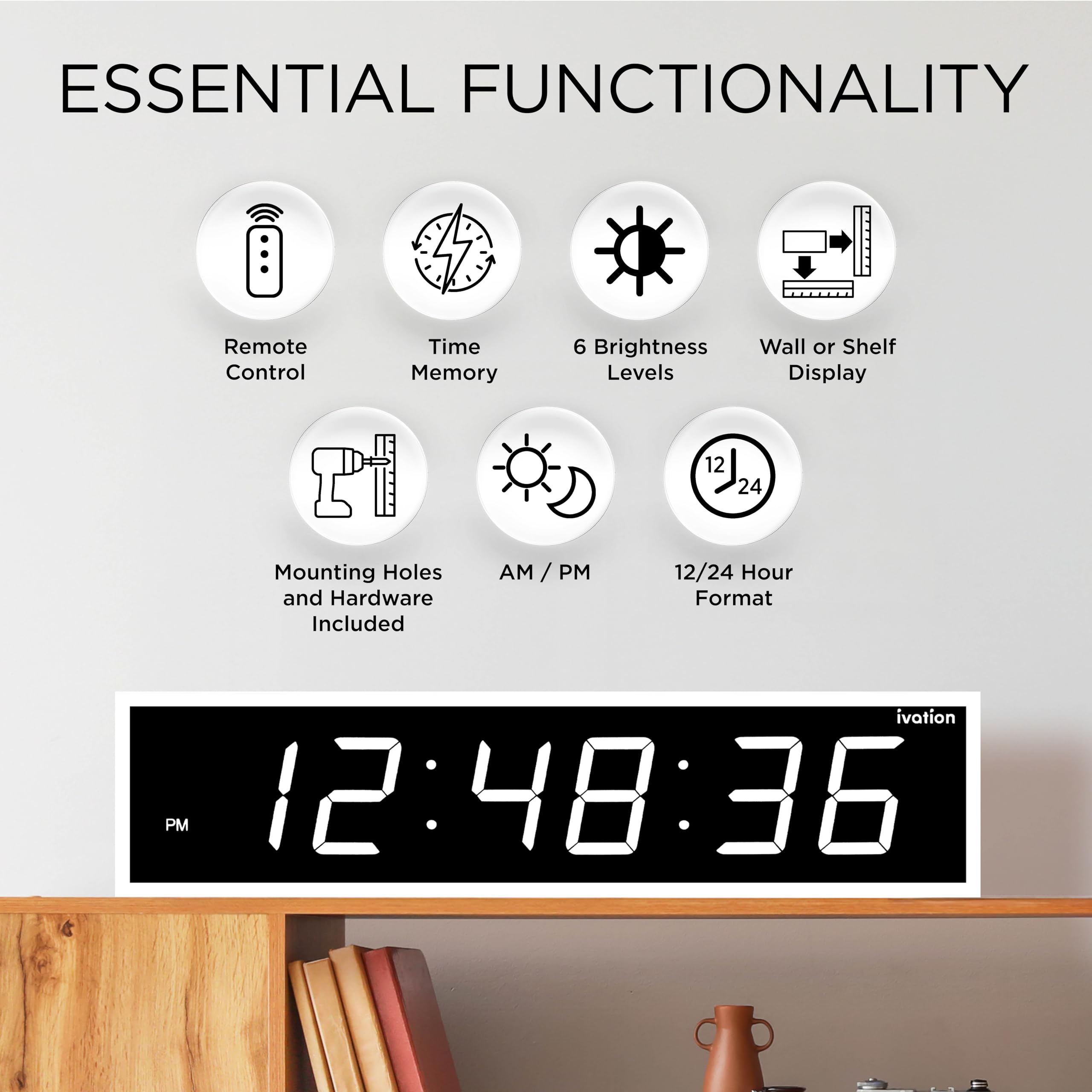 Ivation Oversized Large Digital Wall Clock - Big LED Digital Clock w/Large Display, Shelf or Wall Mount (36 Inch - White) 6 Brightness Levels | Time Memory | Remote, Mounting Holes & Hardware