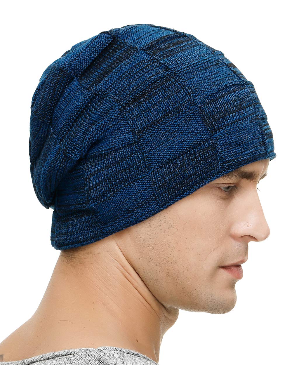 Vgogfly Slouchy Beanie for Men Winter Hats for Guys Cool Beanies Mens Lined Knit Warm Thick Skully Stocking Binie Hat Blue