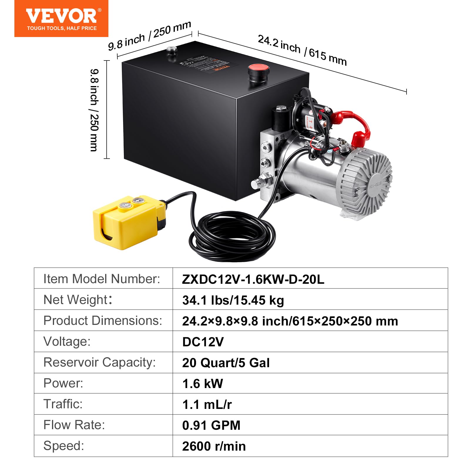 VEVOR 20 Quart Power Unit, Single Acting, 0.91 GPM Flow Rate, 3200 PSI Max Relief Pressure, DC 12V Hydraulic Pump for Dump Trailer Car Lifting, Black