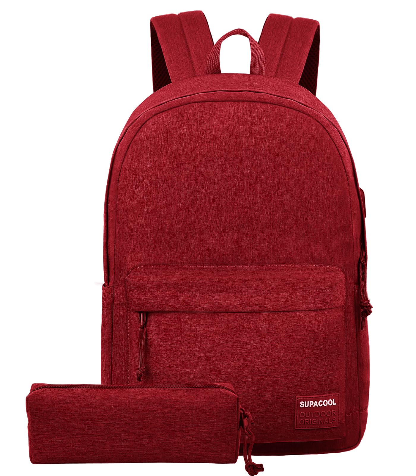 SUPACOOL Lightweight Casual Laptop Backpack & Pencil Pouch, School Backpack with USB Charging Port for Men and Women, Bookbag for Boys and Girld, Work Backpack(Garnet set)