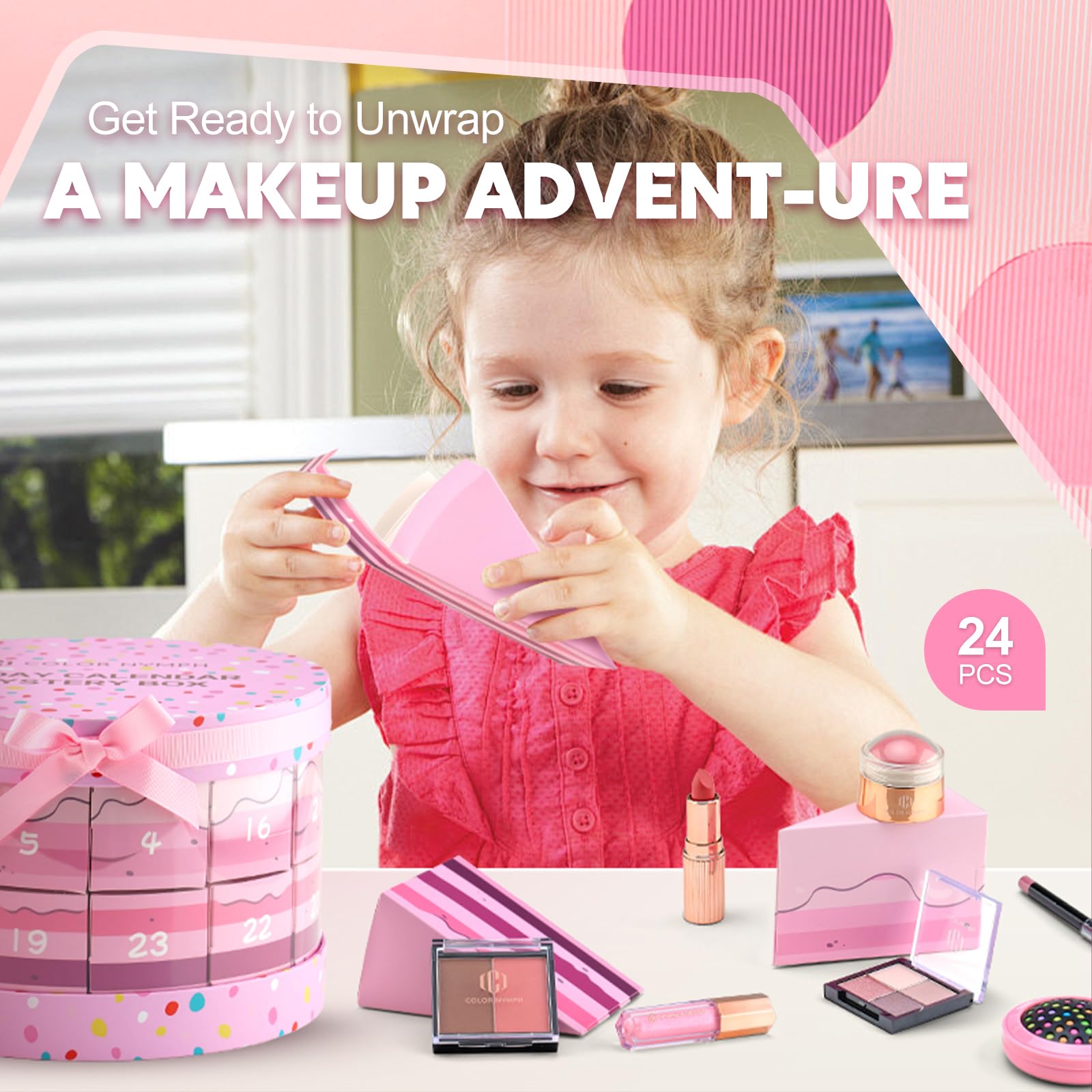 Color Nymph Makeup Advent Calendar 2024, 24 Days Advent Calendar Christmas New Year Birthday Makeup Gift Sets for Beauty Cosmetic Starter Kit For Teens Girlfriend Daughters Surprise Holiday Gift Pink