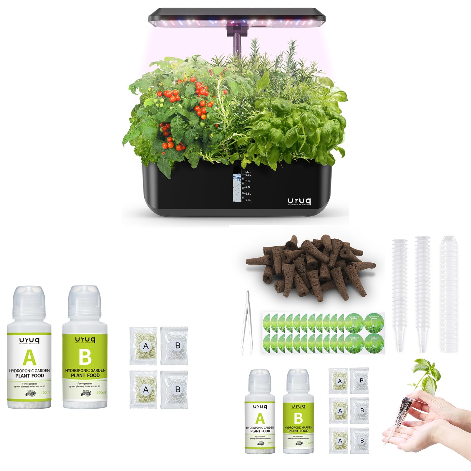 URUQ 12 Pods Hydroponics Growing System Indoor Garden Black & 188Pcs Hydroponic Pods Supplies & 600ml Plant Food Nutrients