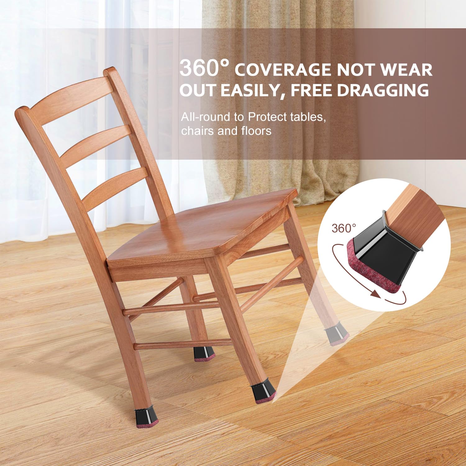 Chair Leg Floor Protectors Square Chair Leg Protectors for Hardwood Floors Silicone Caps Felt Strengthen Bottom Protection Non Slip Reduce Noise 24 Pack Black Square L Fit:1-1/8" ~ 1-9/16" (27~40mm)