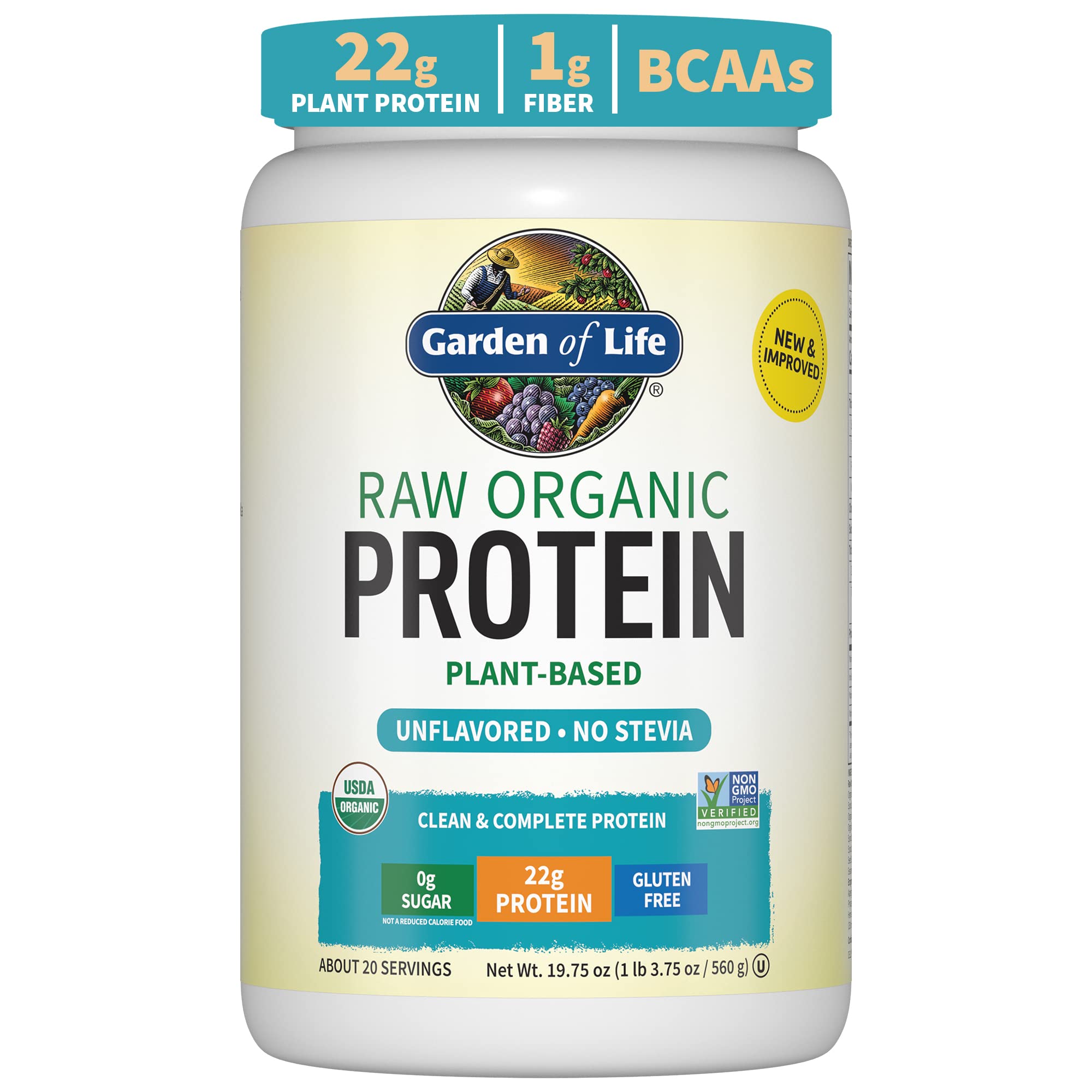 Organic Vegan Protein Powder, Unflavored Protein Powder, Garden of Life 22g Plant Based Protein & BCAAs, Organic Protein Powder with Probiotics & Enzymes, Non-GMO, Gluten-Free Lactose Free 1.2 LB