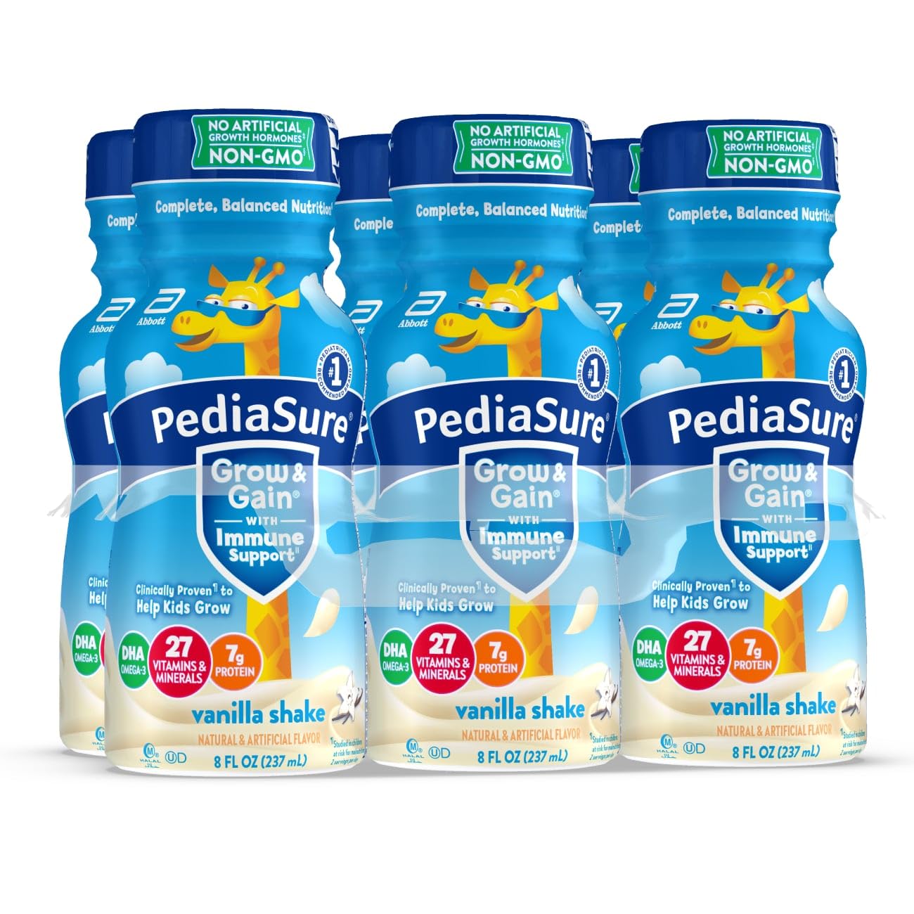 PediaSure Grow & Gain With Immune Support, Kids Protein Shake, Vanilla, 8-fl-oz Bottle, 6 Shakes