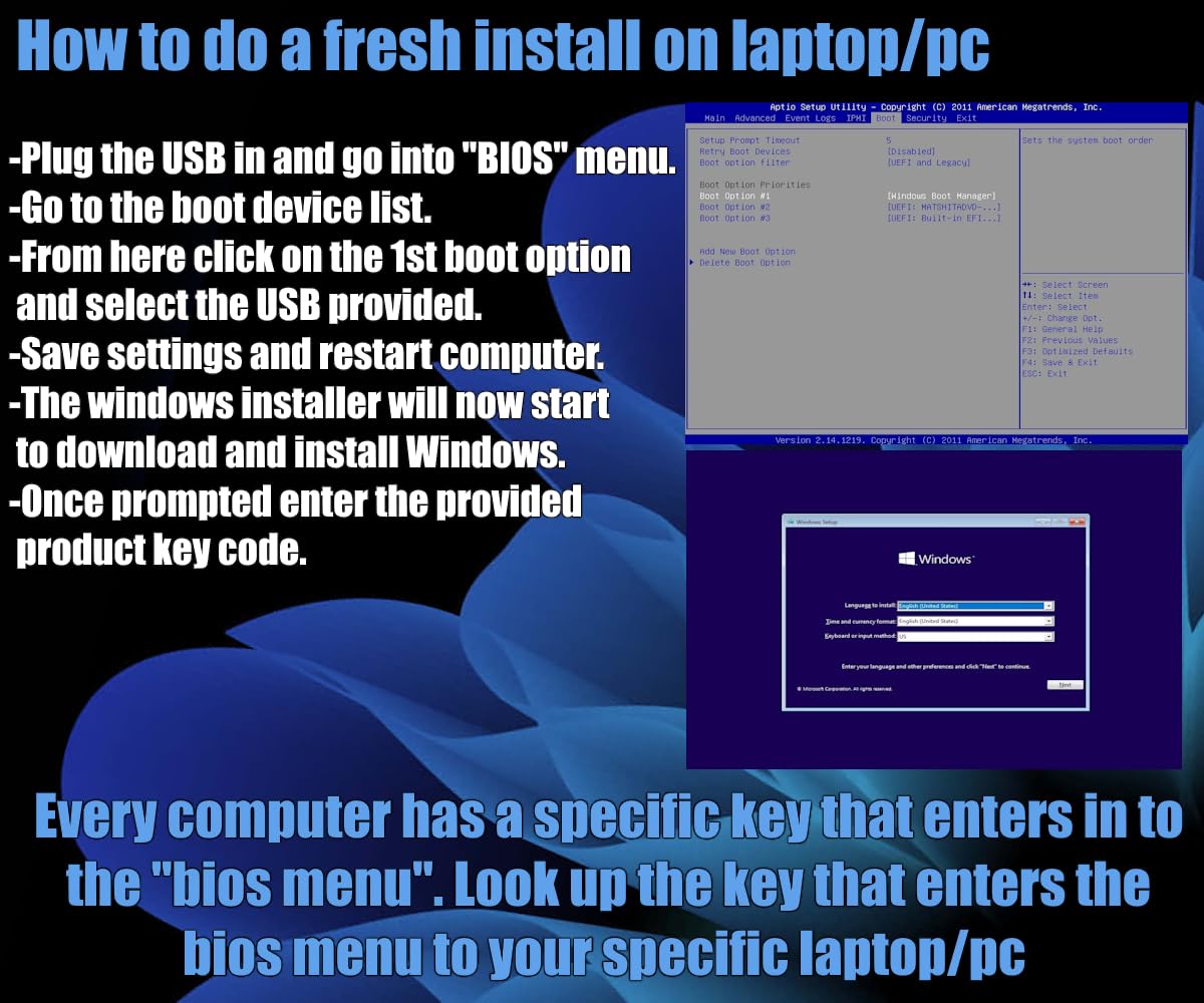 PC-TECH Compatible with Windows 10 Professional 64 Bit USB With Key. Factory fresh, Recover, Repair and Restore. Key code and USB install Included. Fix PC, Laptop and Desktop. Free Technical Support