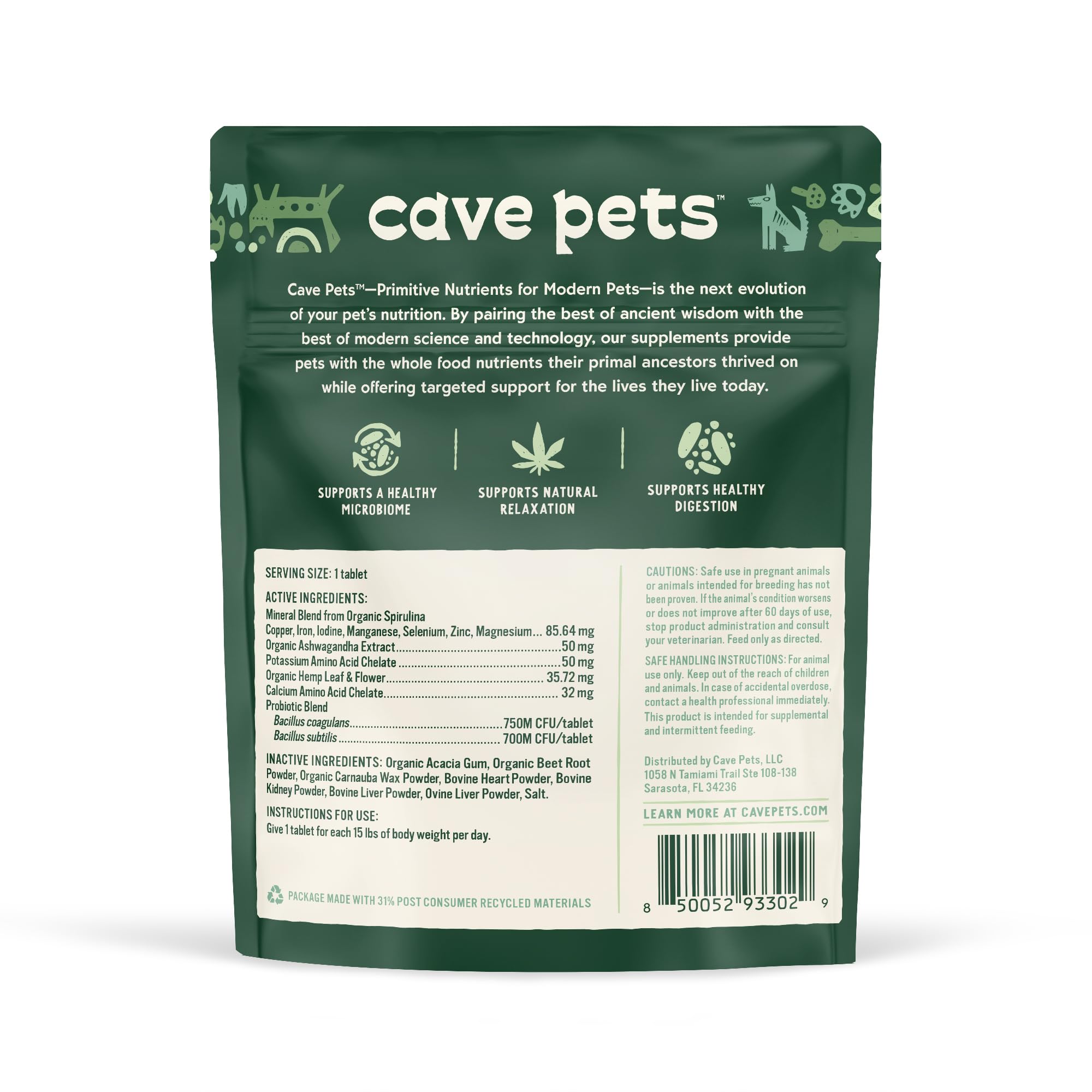 Cave Pets, Super Chomp Tablets, Dog Probiotic Supplement for Digestive Health and Natural Relaxation, Multi-Glandular & Hemp, Liver, Multi Glandular + Hemp