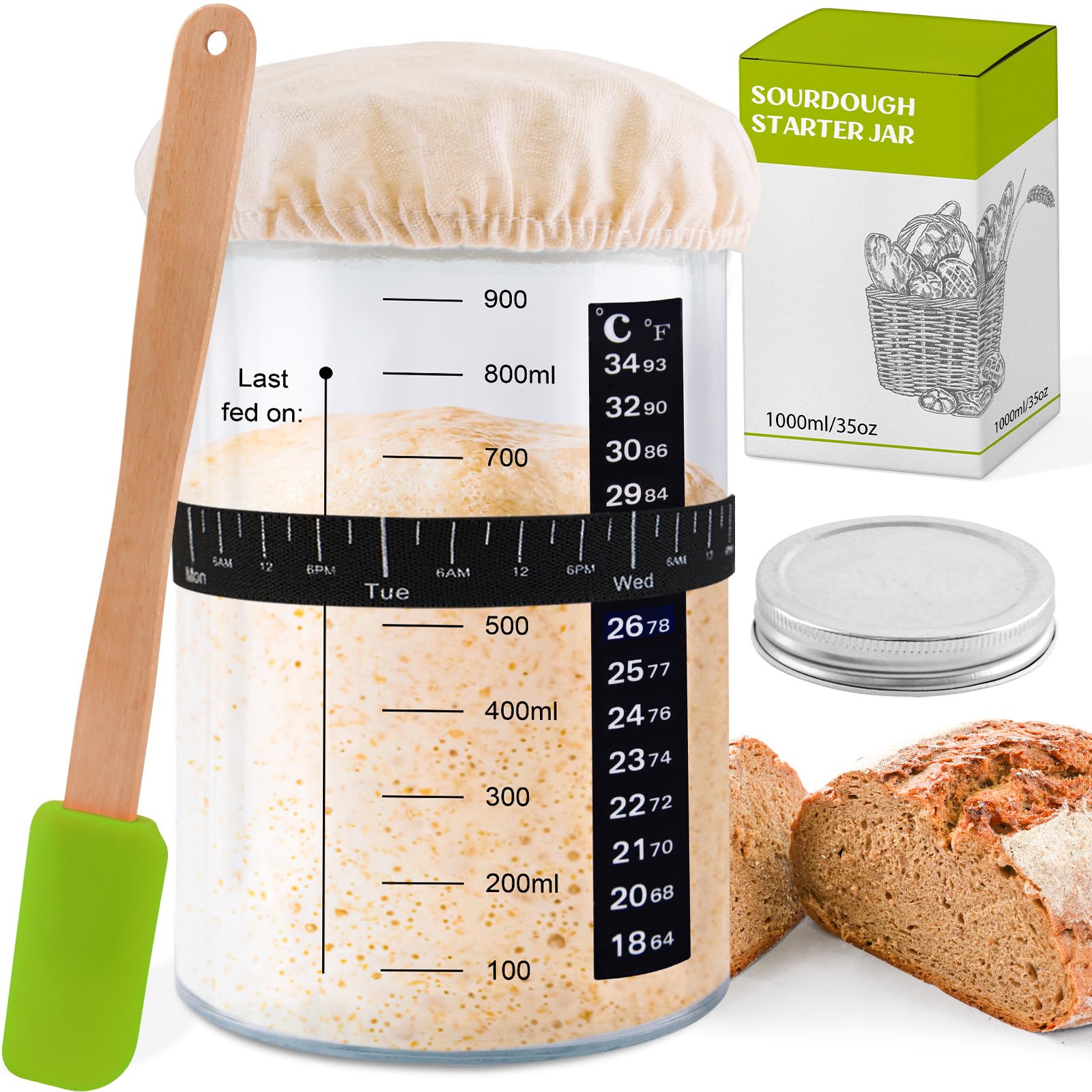 WAVEWISE Sourdough Starter Jar Kit 1000ml - Large Glass Jar for Sourdough - Sourdough Starter Crock - Reusable Sour Dough Starter Jar With Thermometer, Silicone Scraper, Cloth Cover and Lid