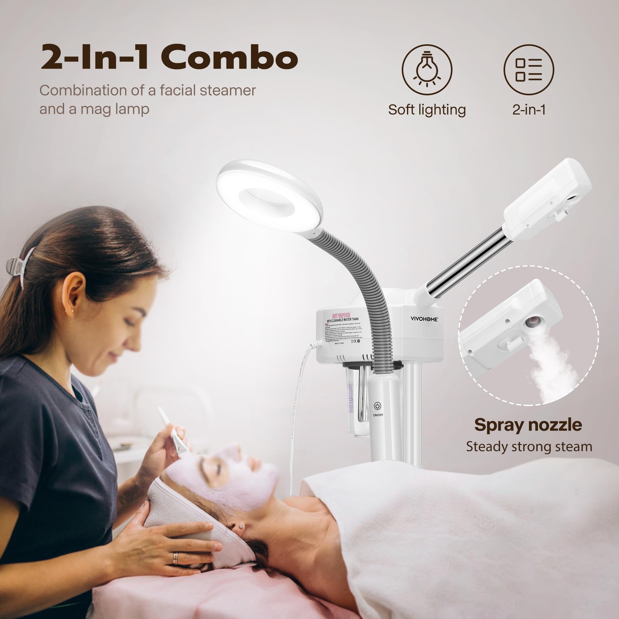 VIVOHOME Professional Facial Steamer for Esthetician with 5X Magnifying Lamp and Humidifier, 2 in 1 Ionic Face Steamer for Skin Spa for Home and Salon, Portable with Rolling Wheels