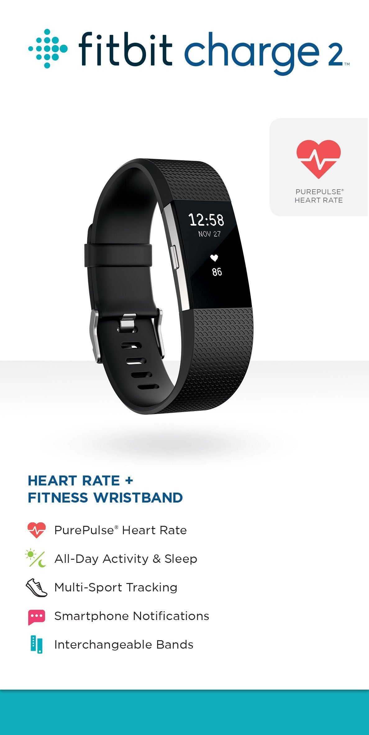 Fitbit Charge 2 Heart Rate + Fitness Wristband Watch, Black,(US Version), Large (6.7 - 8.1 Inch) (Renewed)