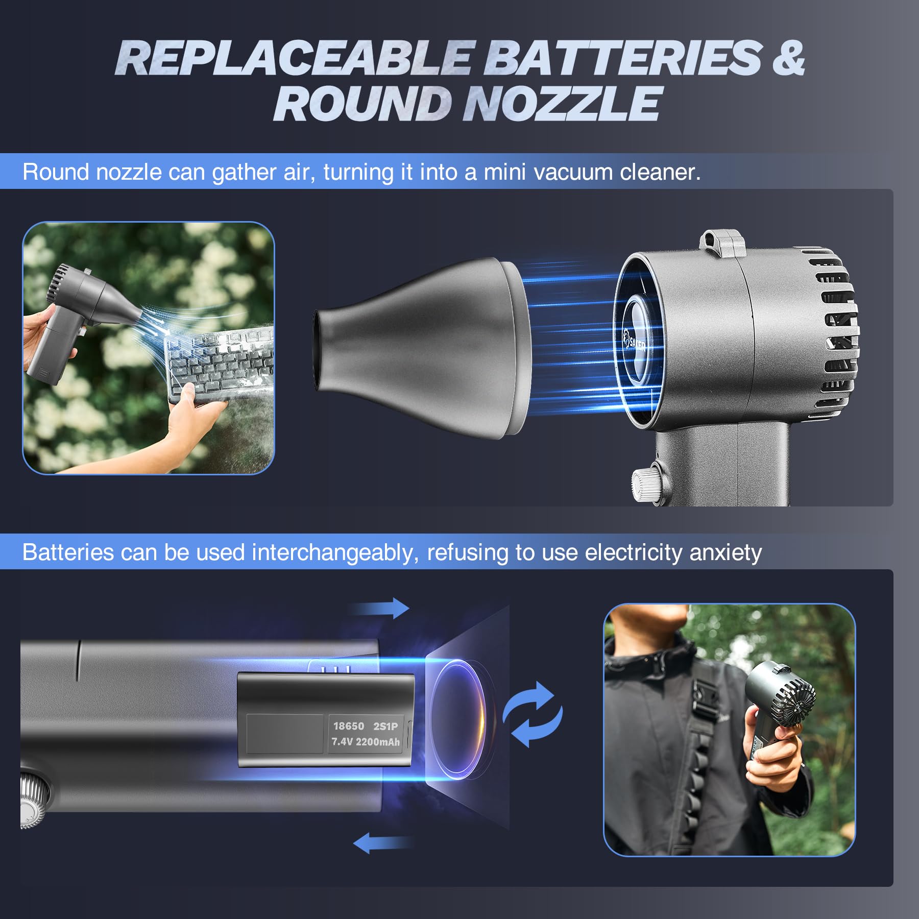Saker Handheld Turbo Fan - 8800mAh Portable Personal Fan, 100 Speeds Adjustable, USB Rechargeable with 2 Replaceable Batteries for Travel/Sport/Camping
