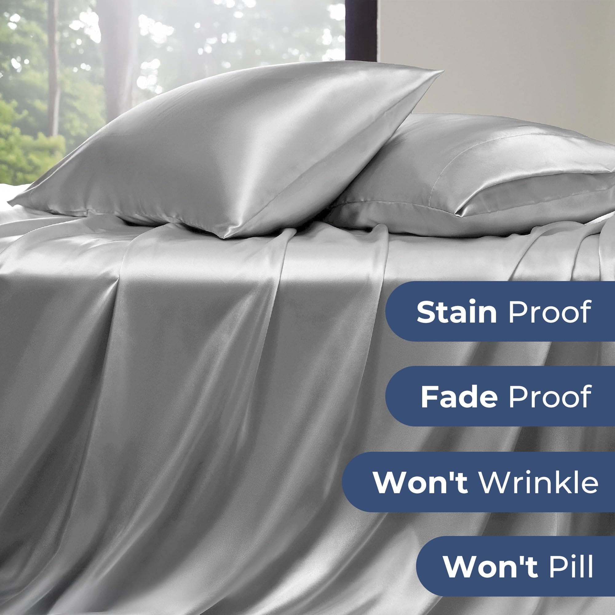 Seasonwood Satin King Size Sheets Set Gray Soft 1800 Microfiber Sheet 4 Pieces 2 Pillowcase 20"x40"