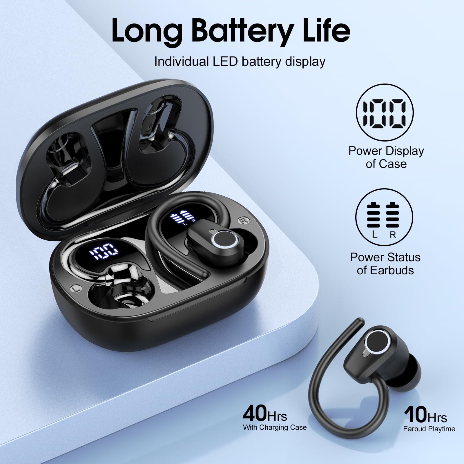 Wireless Earbuds, 2025 Ear Buds Bluetooth 5.3 Headphones Sport, 50H Playtime Bluetooth Earbuds, HD Stereo Noise Cancelling Earbuds, Dual LED Display, IP7 Waterproof Earphones Android IOS, Pitch Black