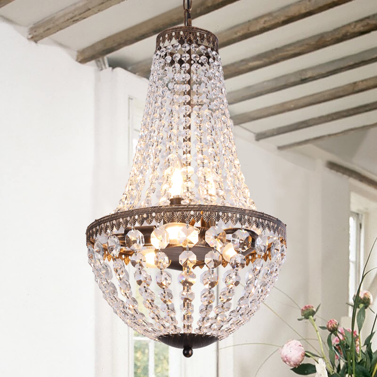 Wellmet 6 Lights French Empire Crystal Chandelier, 13 Inch Farmhouse Pendant Chandeliers Lighting, Adjustable Antique Bronze Ceiling Light Fixture for Dining Room Bedroom Foyer Living Room