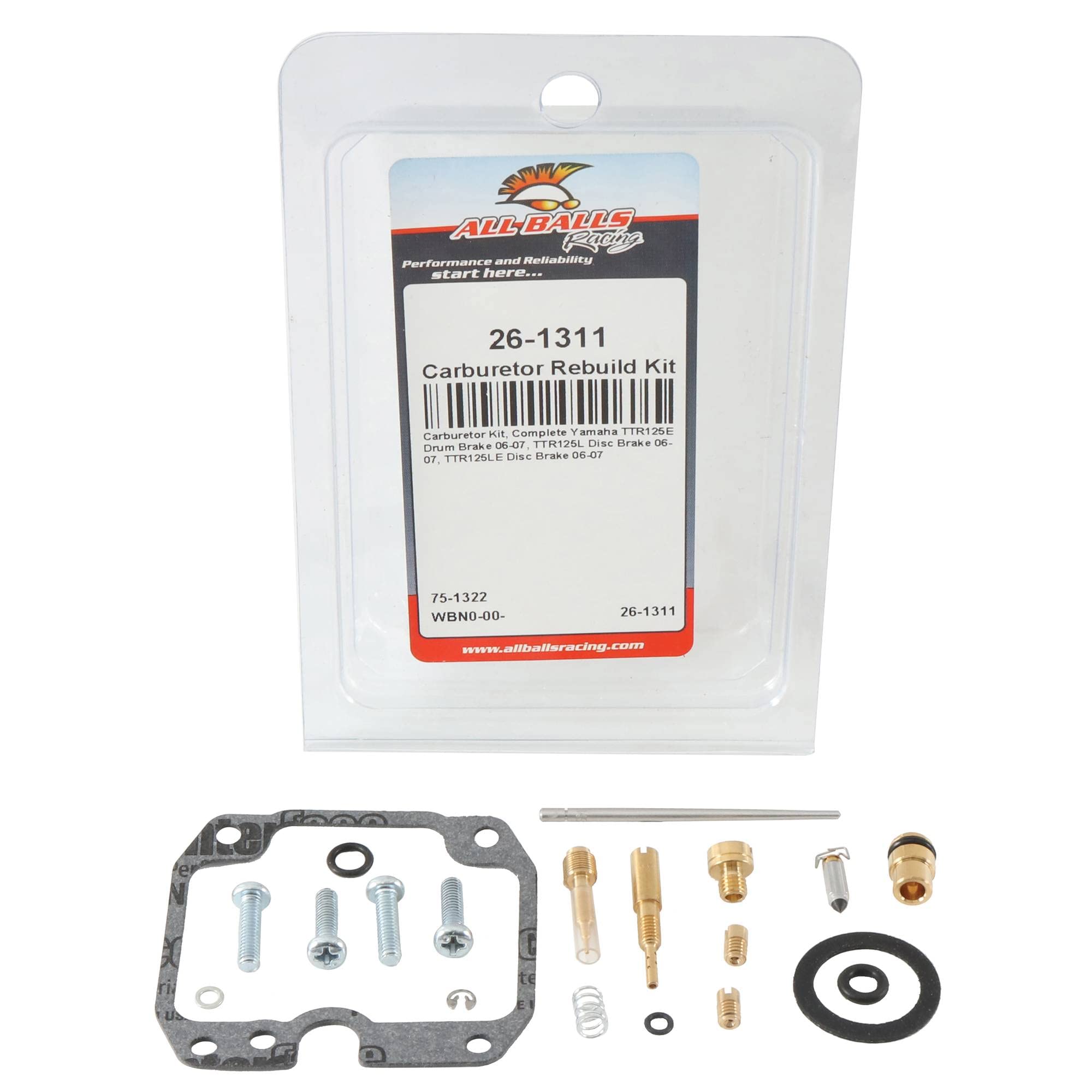 New All Balls Racing Carburetor Rebuild Kit 26-1311 Compatible With/Replacement For Yamaha TTR125L Disc Brake 06 07