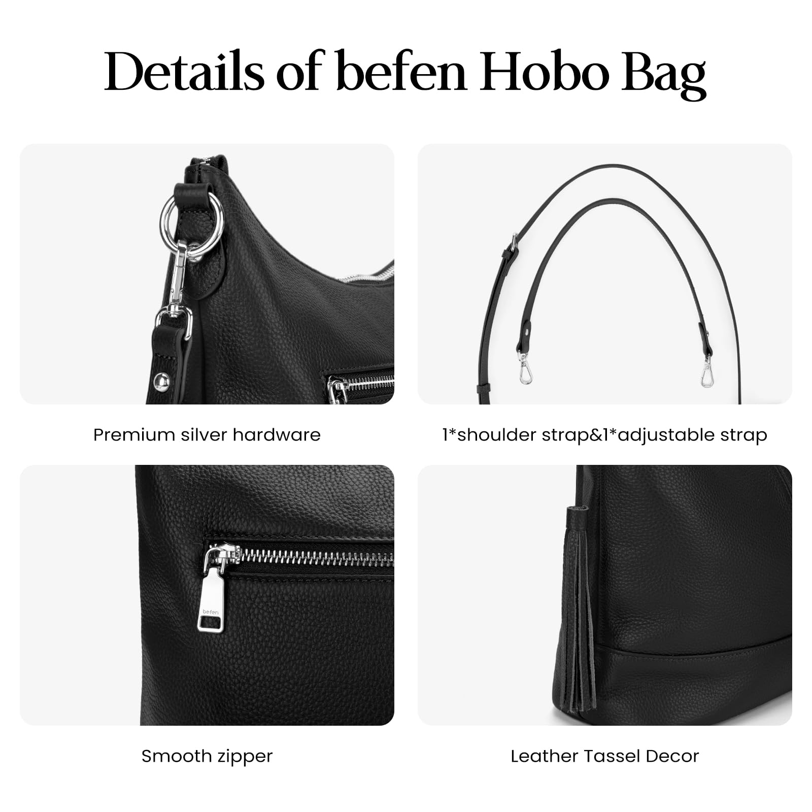 befen Genuine Leather Hobo Crossbody Bag for Women, Large Black Leather Purses, Women's Shoulder Handbags with 2 Removable Strap, Durable Slouchy Bucket Purse With Zipper Pocket for Everyday & Travel