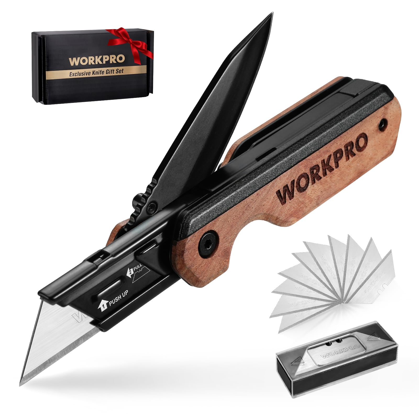 WORKPRO 2-in-1 Folding Knife/Utility Knife - Gifts for Dad, Quick-Change Box Cutter with Belt Clip and Liner Lock, Extra 10 SK5 Blades Included