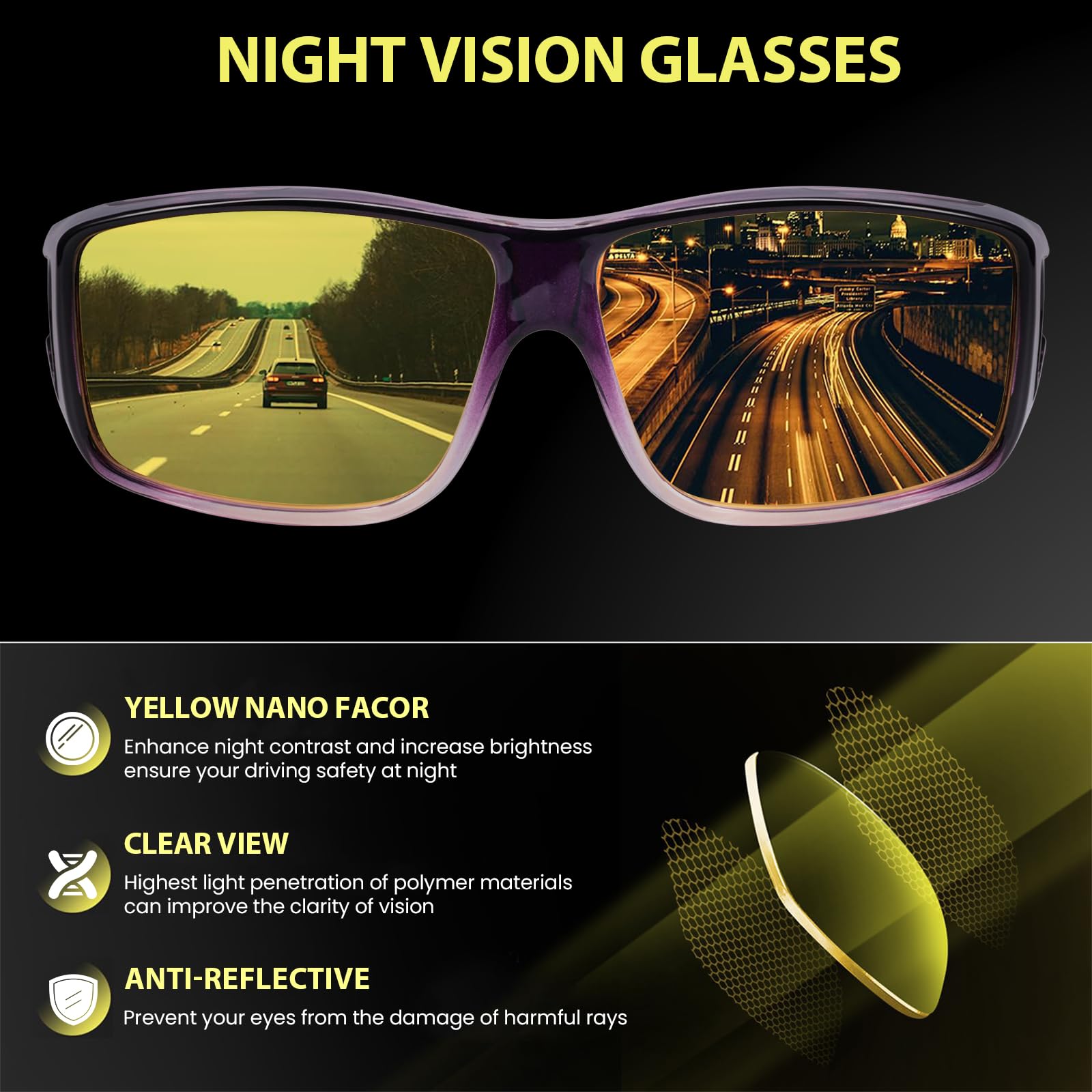 TJUTR Night Vision Driving Glasses Fit Over Glasses for Men Women, Anti Glare Polarized Nighttime Eyeglasses Yellow Lens
