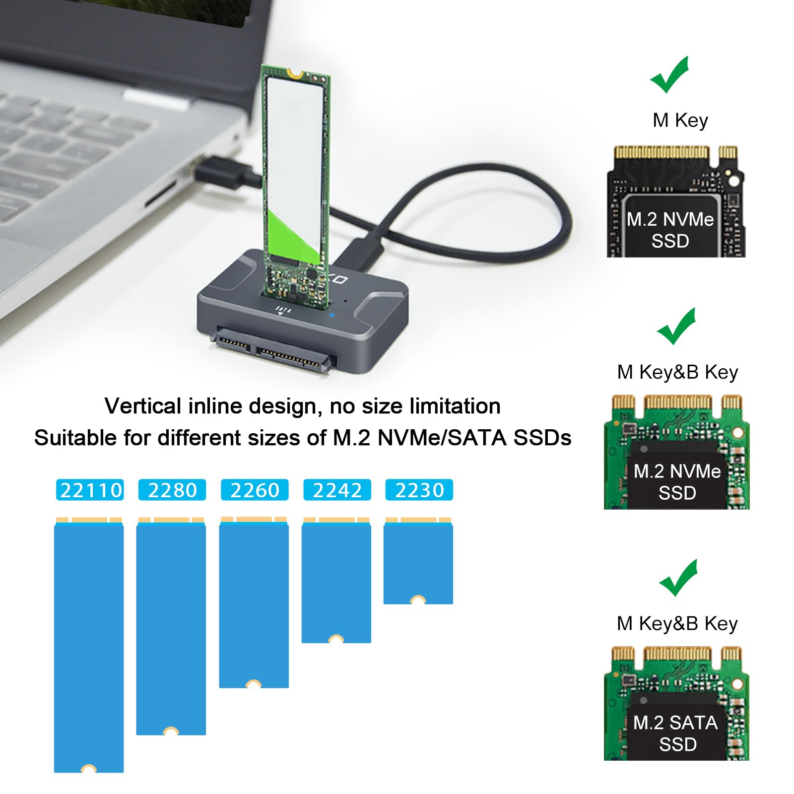 AOKO NVMe to USB 3.2(10Gbps) SSD Reader Docking Station – Portable M.2 SSD to USB Adapter External NVMe SSD Enclosure for M.2 PCIe NVMe and M.2 SATA SSD, Compatible with 2.5'' SATA Dirve