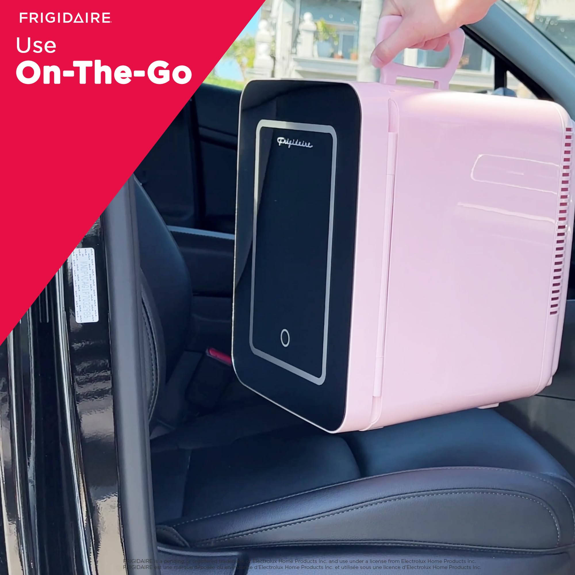 FRIGIDAIRE EFMIS170-PINK Mini Portable Compact Personal Fridge, 6.5L Capacity, 9 Cans, Makeup, Skincare, Freon-Free & Eco Friendly, Includes Home Plug & 12V Car Charger, 2022 version, Pink, standard