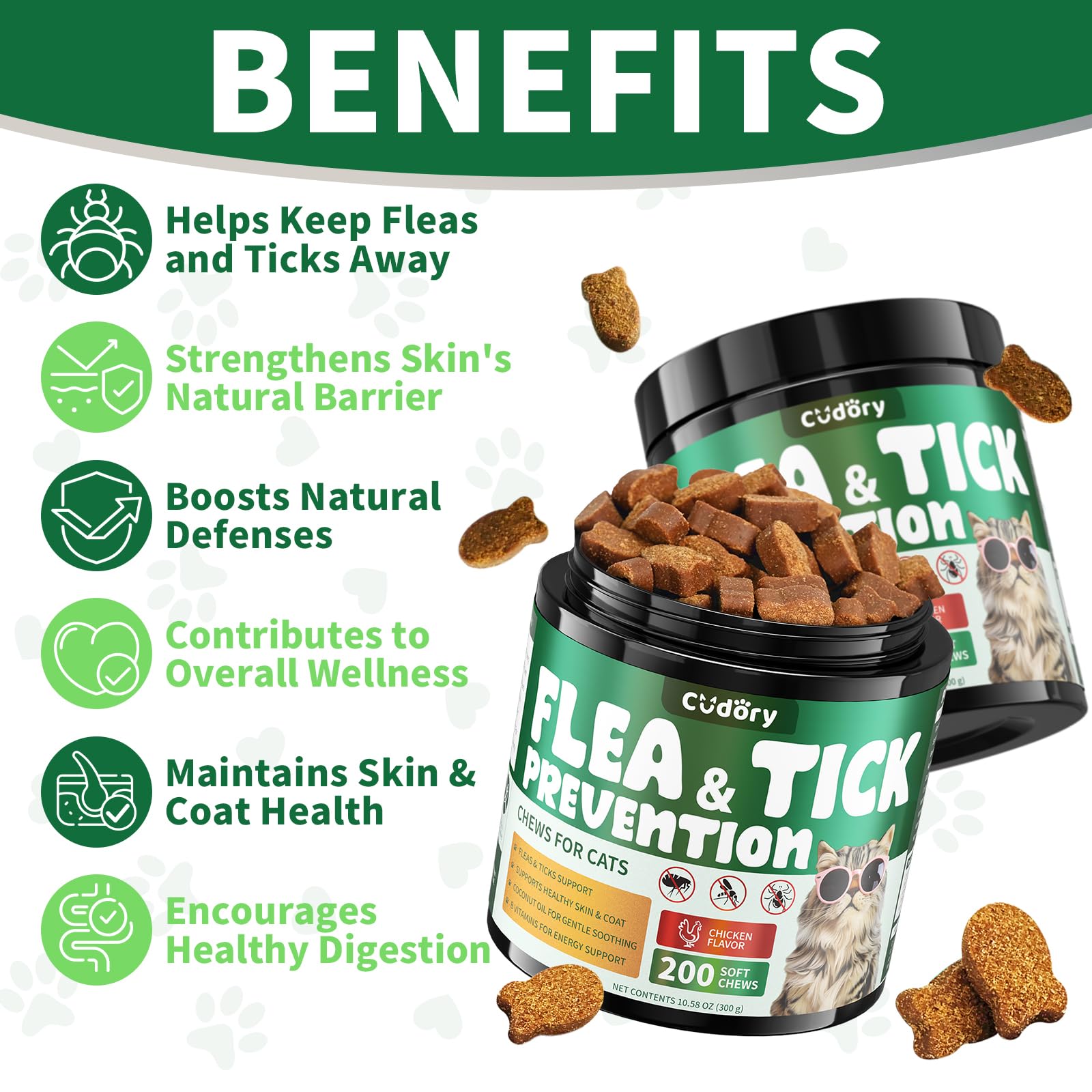 Flea and Tick Chews for Cats - 200 Soft Chews Natural Flea Tick Support for Cat All Breeds & Ages - Nourishes Skin & Coat Health - Energy Support - Chicken Flavor Soft Chew