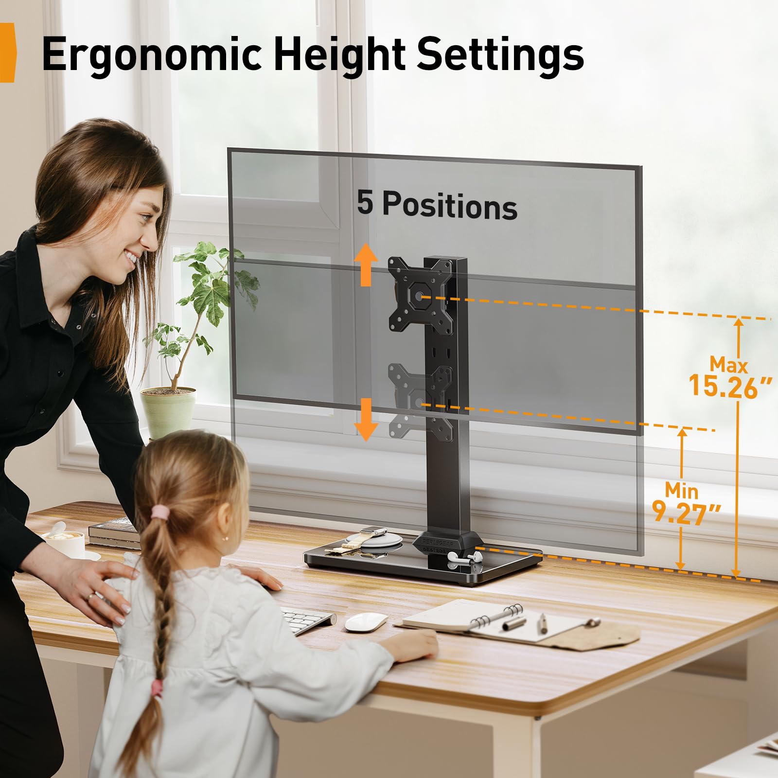 Perlegear Monitor Stand, Freestanding Monitor Mount for 13-34 inch Screens with 360 Degree Rotation, 5 Height Settings, Adjustable Monitor Desk Riser with Swivel and Tilt, Max VESA 100x100mm, PGTVS29