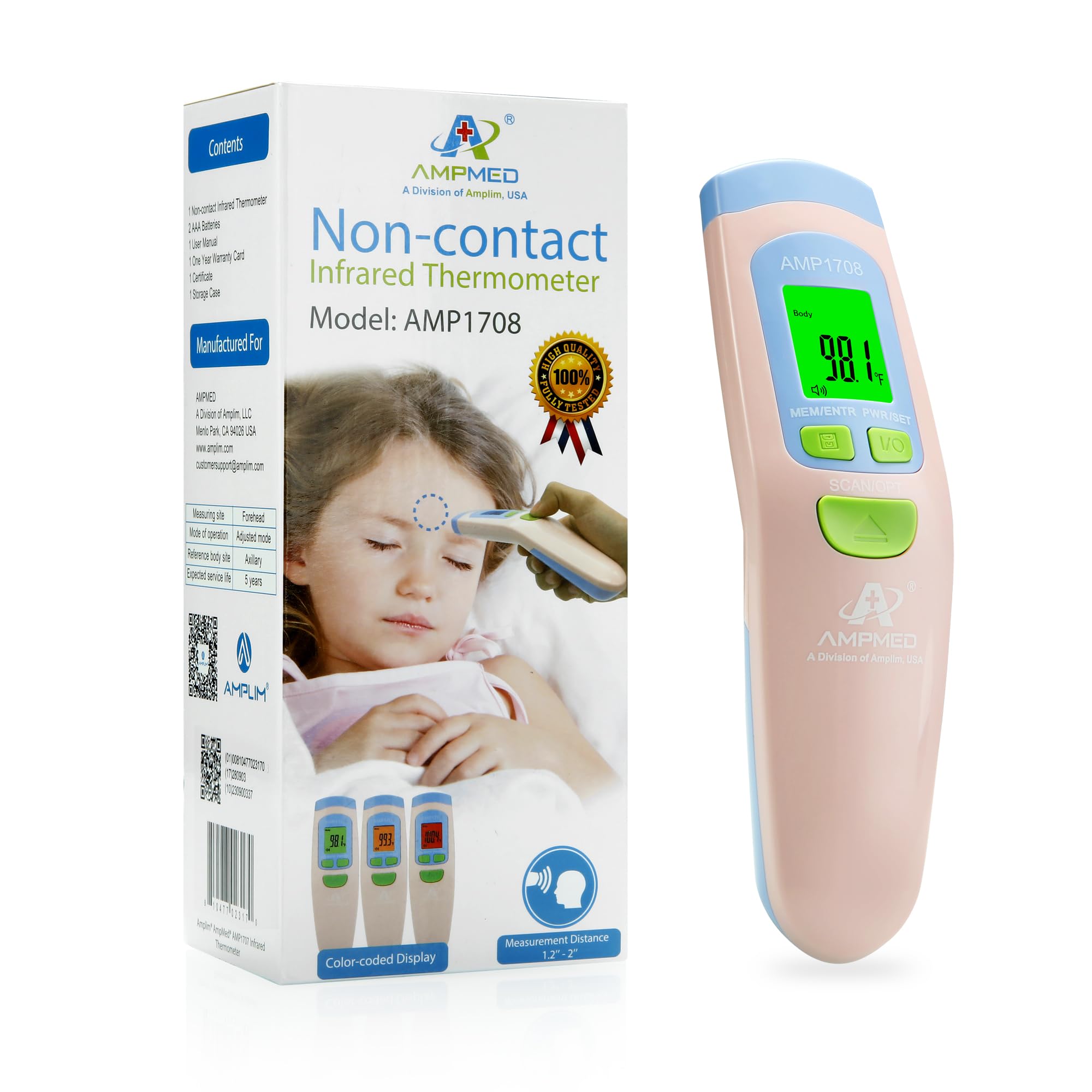 Amplim Ampmed Non Contact/No Touch Digital Forehead Thermometer for Adults, Kids, and Babies, Touchless Temporal Thermometer with Storage Case. FSA HSA Approved - Pink