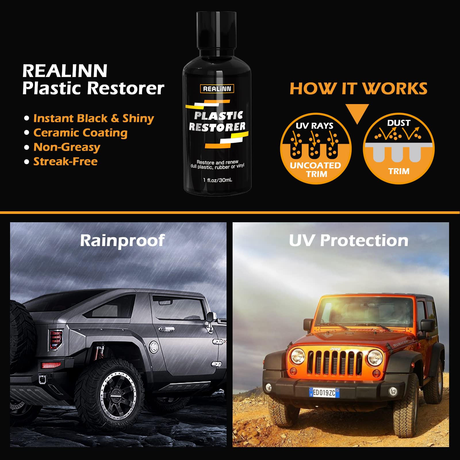 REALINN Plastic Restorer - Cars Ceramic Plastic Coating Trim Restore, Shines & Protects Plastic, Vinyl & Rubber Surfaces