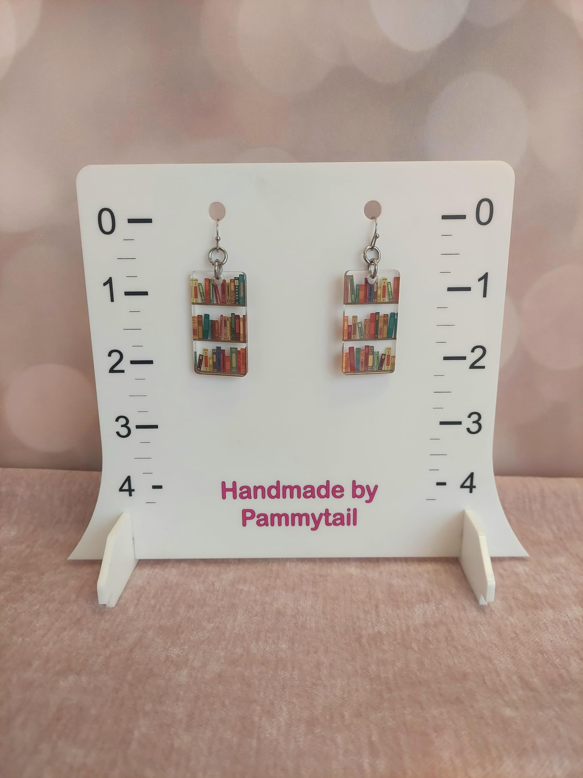 Bookcase Dangle Earrings with Book Shelves Patterned Acrylic