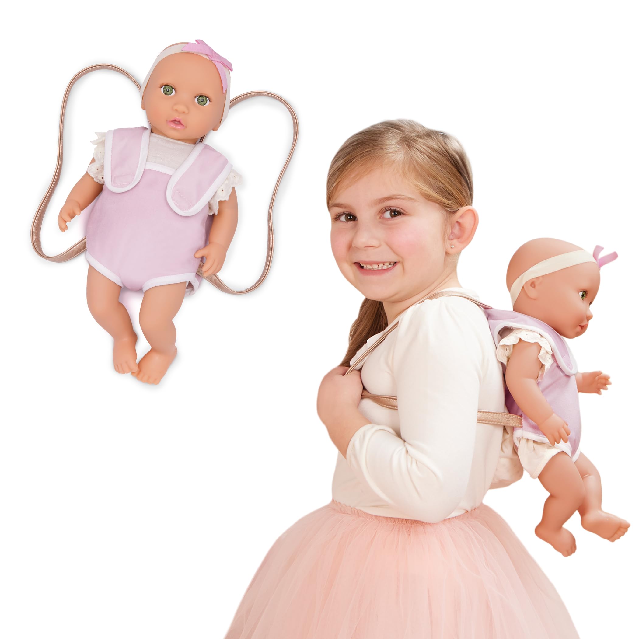 LullaBaby – 14-inch Realistic Baby Doll – Carrier Travel Accessory – Fair Skin Tone & Green Eyes – Pretend Play – Toys For Kids Ages 2 & Up – Baby Doll & Carrier Set