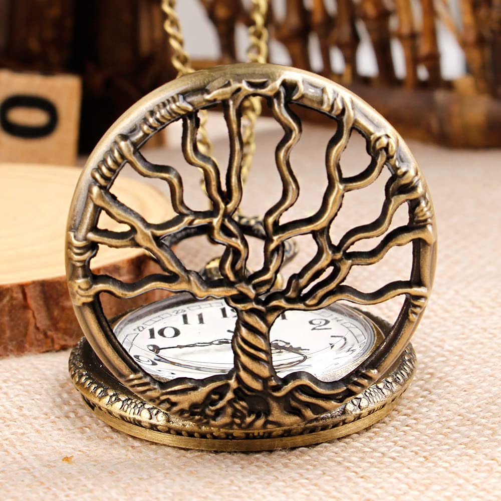 Whodoit Vintage Bronze Pocket Watch Tree Hollow Quartz Watch Men Pendant Necklace Gifts Watches