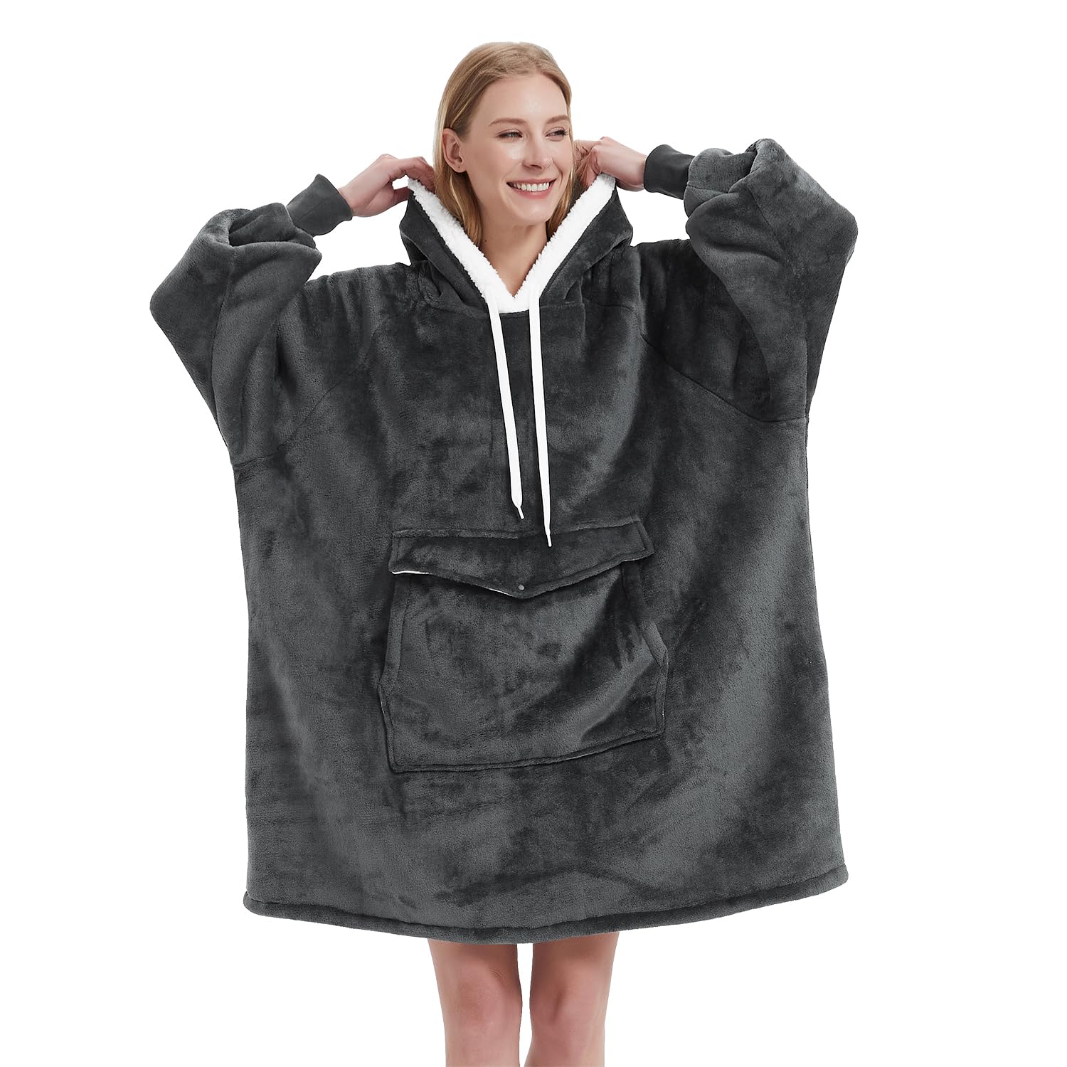 Qeils Oversized Wearable Blanket Hoodie, Comfy Sherpa Sweatshirt Pullover Jacket (Large Pocket, Dark Grey, Adult)