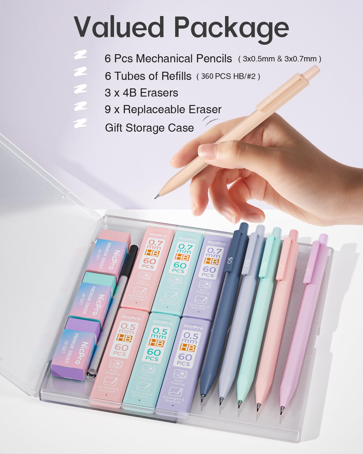 Nicpro 6PCS Pastel Mechanical Pencil Set with Case, Cute Drafting Pencils 0.5mm & 0.7mm with 6 Tubes HB Lead Refills, Erasers, Eraser Refills, Aesthetic School Supplies for Girls Drawing Sketching