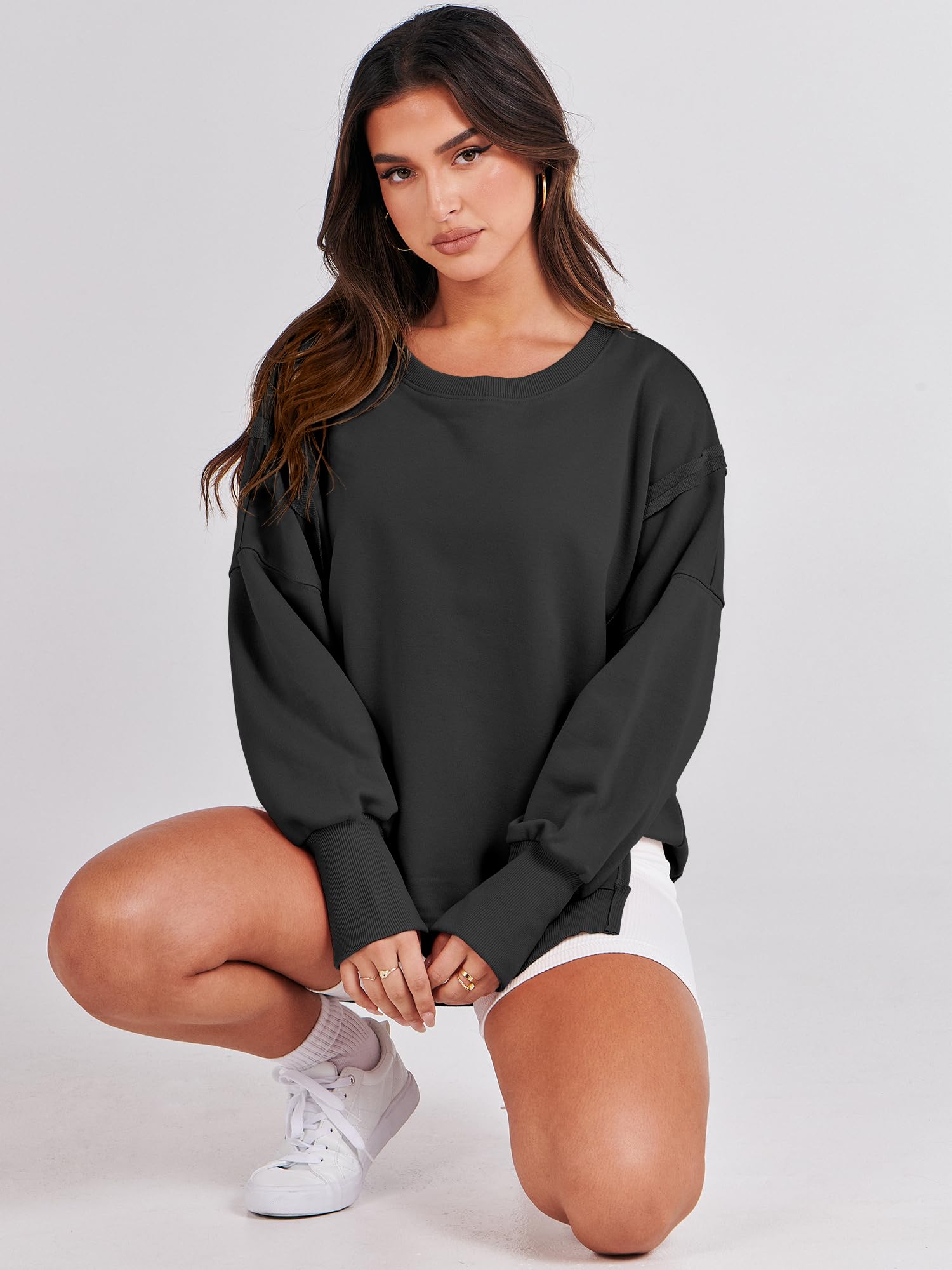 ANRABESS Women's Oversized Sweatshirt Crew Neck Long Sleeve Casual Slit Pullover Top Fall 2024 Teen Girl Preppy Clothes Black XXL