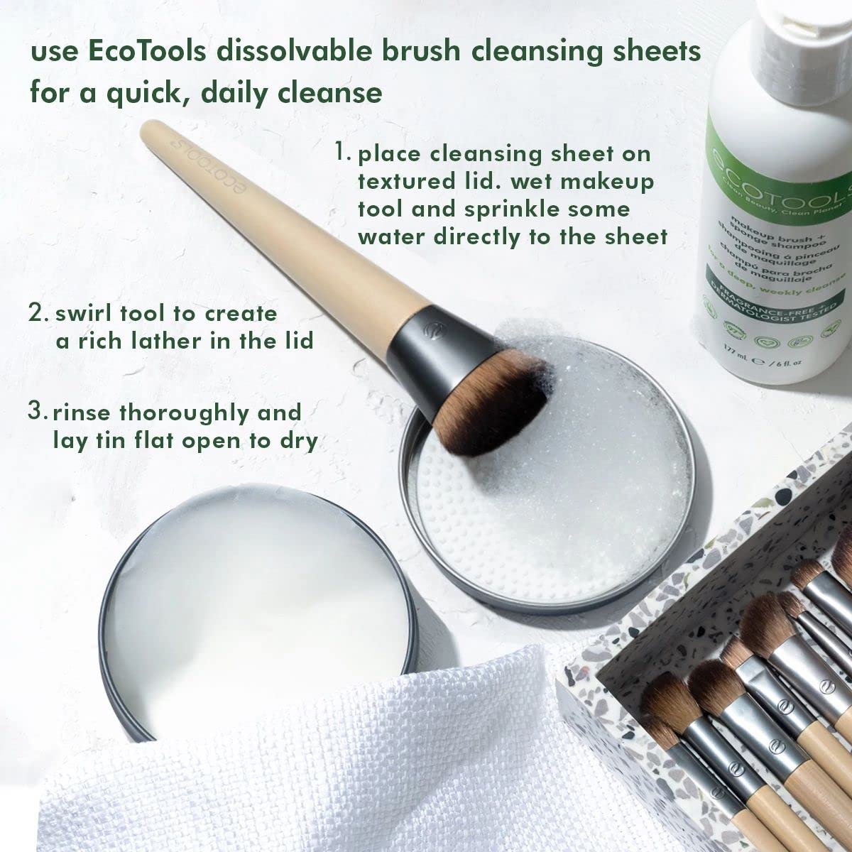 EcoTools Professional Makeup Brush Cleaner and Beauty Blender Dissolving Sheets with Textured Mat, Plastic-Free Recyclable Packaging, Cruelty Free, Vegan, Travel Size, Add Water, 30 Sheet Count