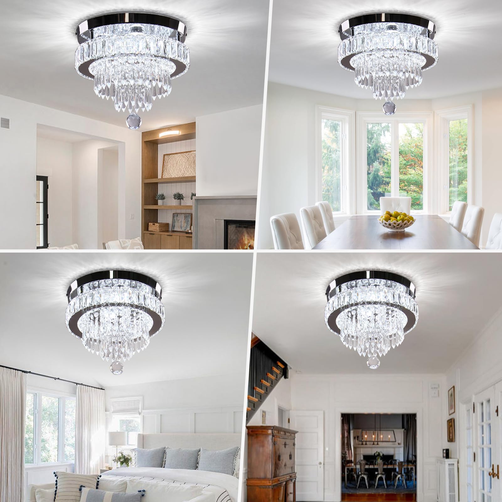 Cainjiazh Chandelier 11.8" Modern Crystal Chandeliers Crystal Light Fixtures Flush Mount Chandelier Ceiling Light Chandeliers for Bedrooms Living Room Dining Room Hallway (Cool White)