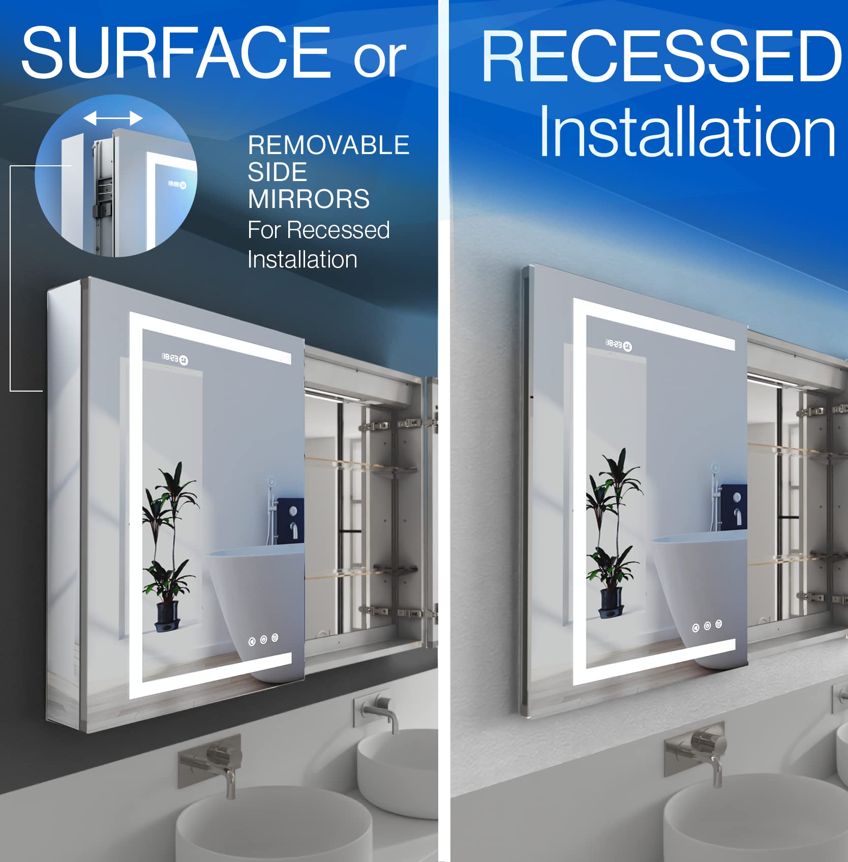 KRISTALLUM LED Lighted Medicine Cabinet Front & Backlit Dimmable Colours, Clock & Temp, USB Outlets