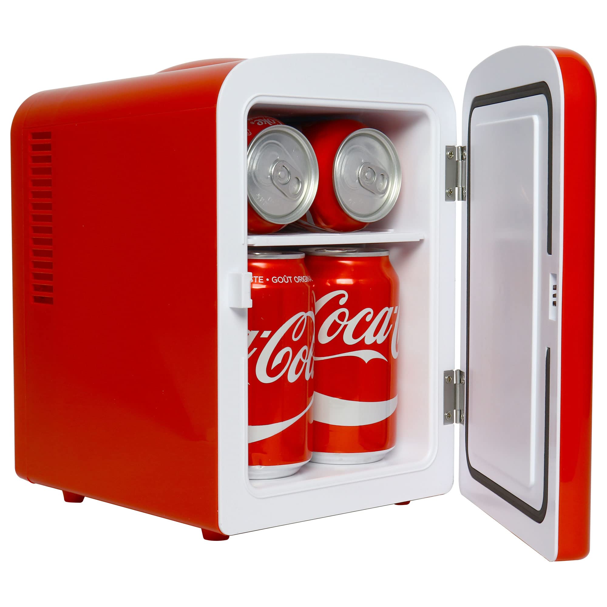 Coca Cola Mini Fridge for Bedroom Skincare Cosmatic Office 4L Small Refrigerator 6 Can Mini Refrigerator Dorm Fridge Portable Cooler 12V DC 110V AC Personal Travel Refrigerator Snacks Drinks Red