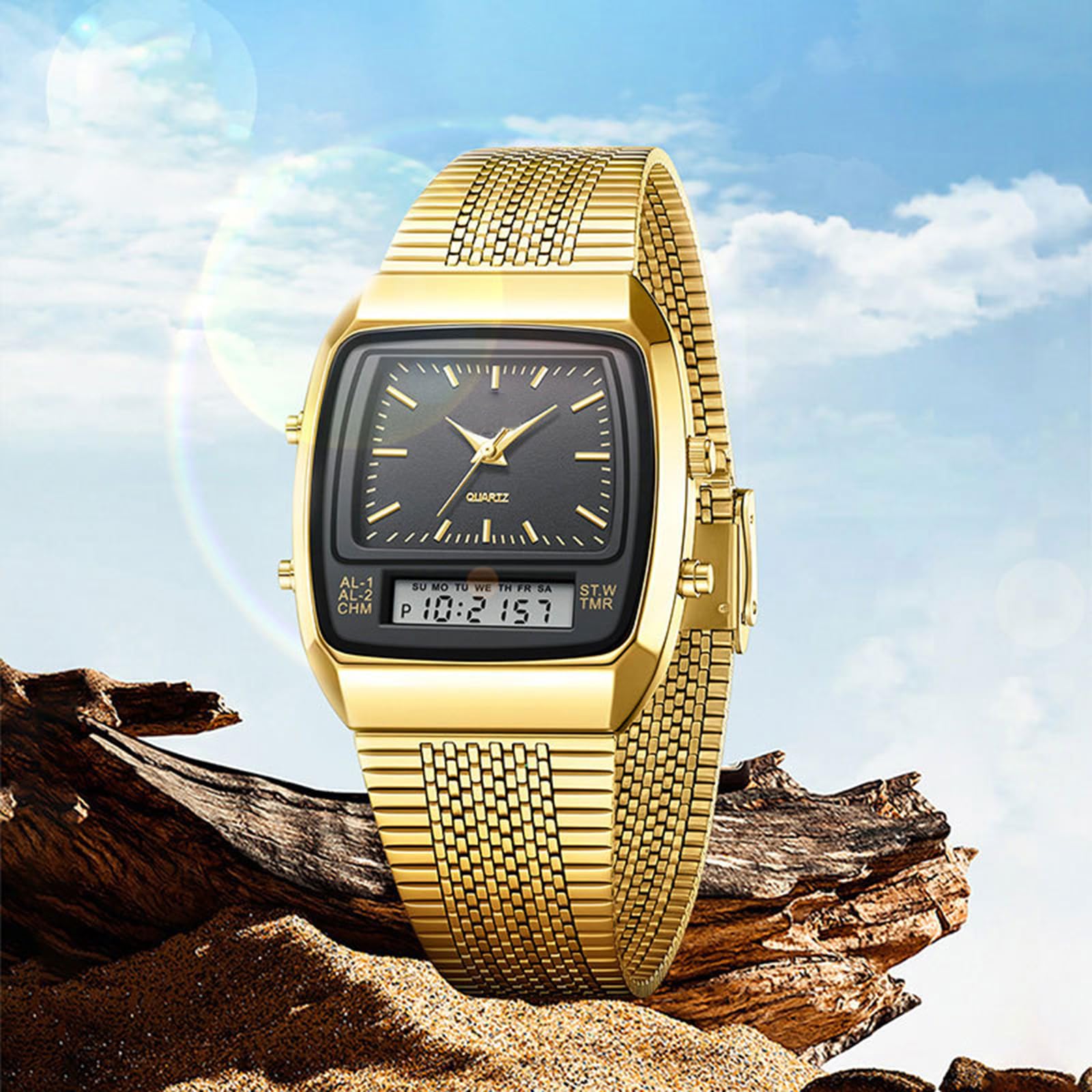 BESTKANG Men's Watch Fashion Analog Quartz Waterproof Watch Sport Multifunctional Wristwatch (Gold Black)