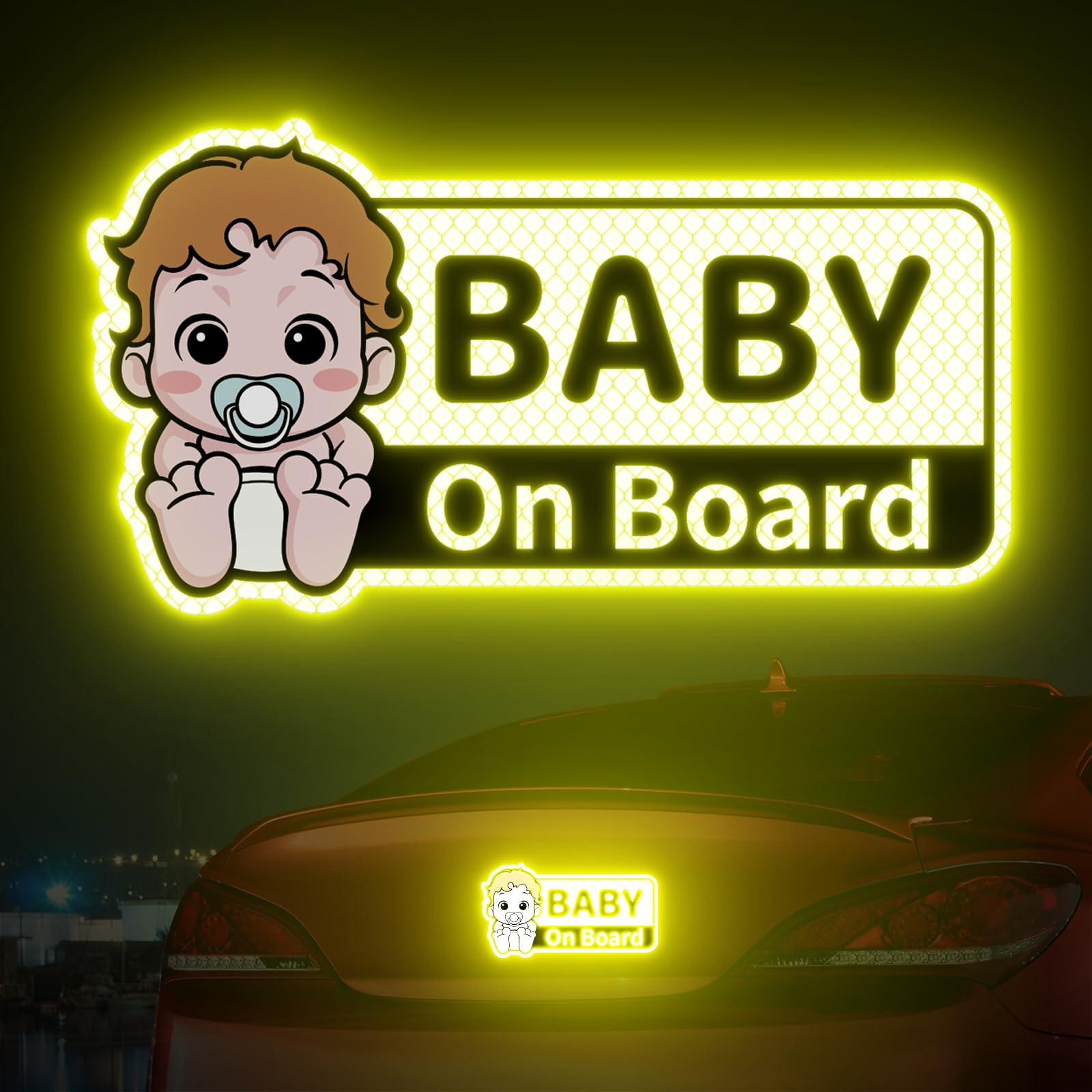 PHIXBEAR Baby On Board Reflective Sticker, Made of 3M DG3, Baby On Board Signs for car, Safety Signs Diamond Strength, Yellow 7.1" x 3.8"
