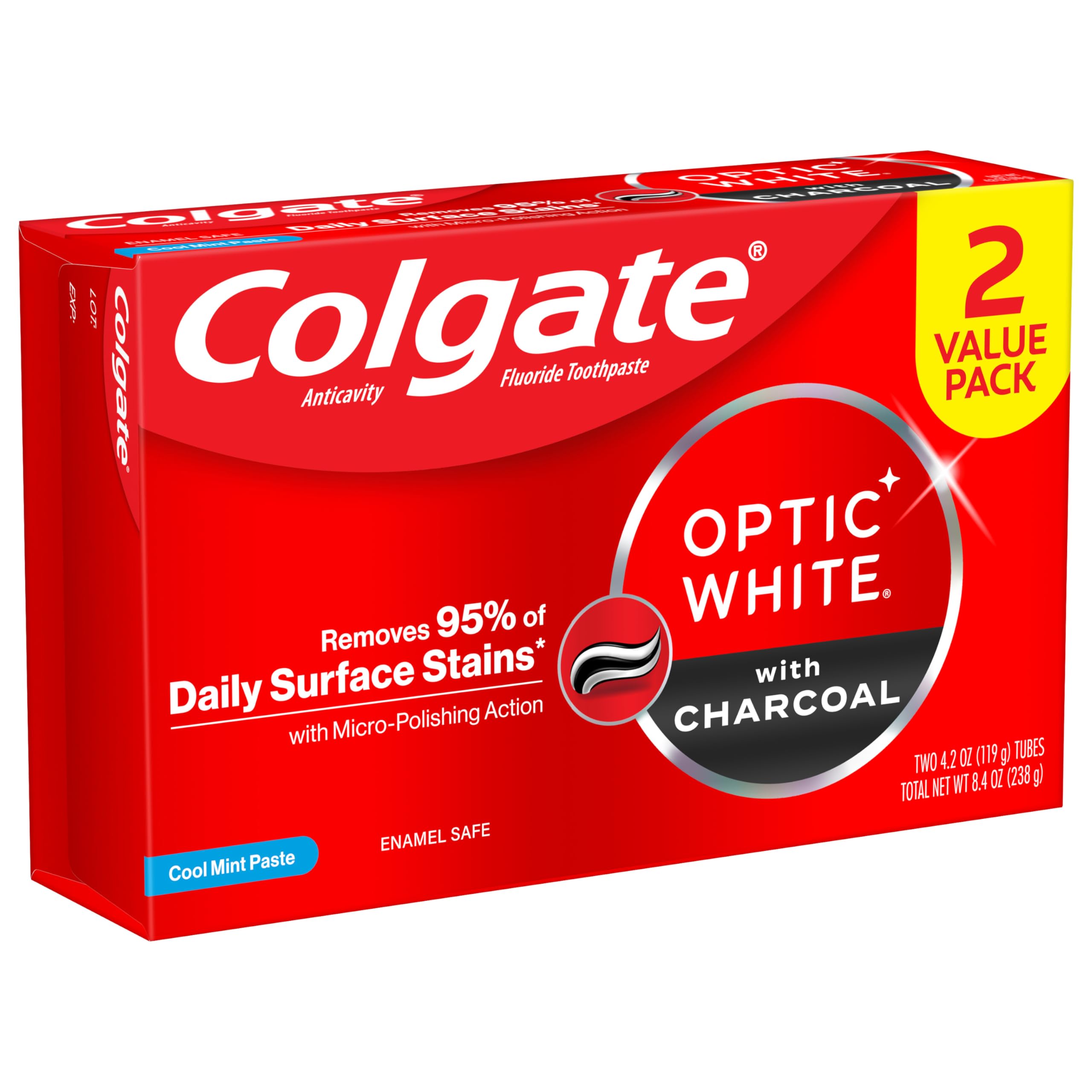 Colgate Optic White Charcoal Whitening Toothpaste, Cool Mint, Enamel-Safe with Fluoride, 2 Pack 4.2oz Tubes