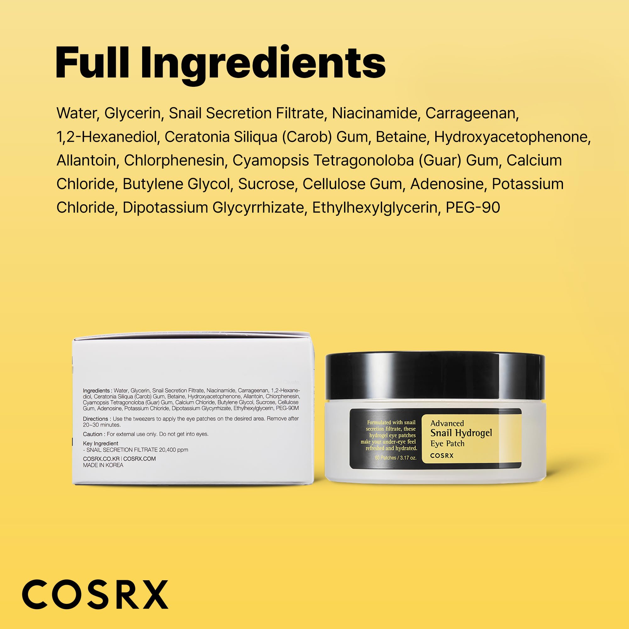COSRX Advanced Snail Hydrogel Eye Patch (60pc), Gel Serum Mask, Puffy Under Eye Treament, Fine Lines, Refresh, Hydrate, Korean Skin Care